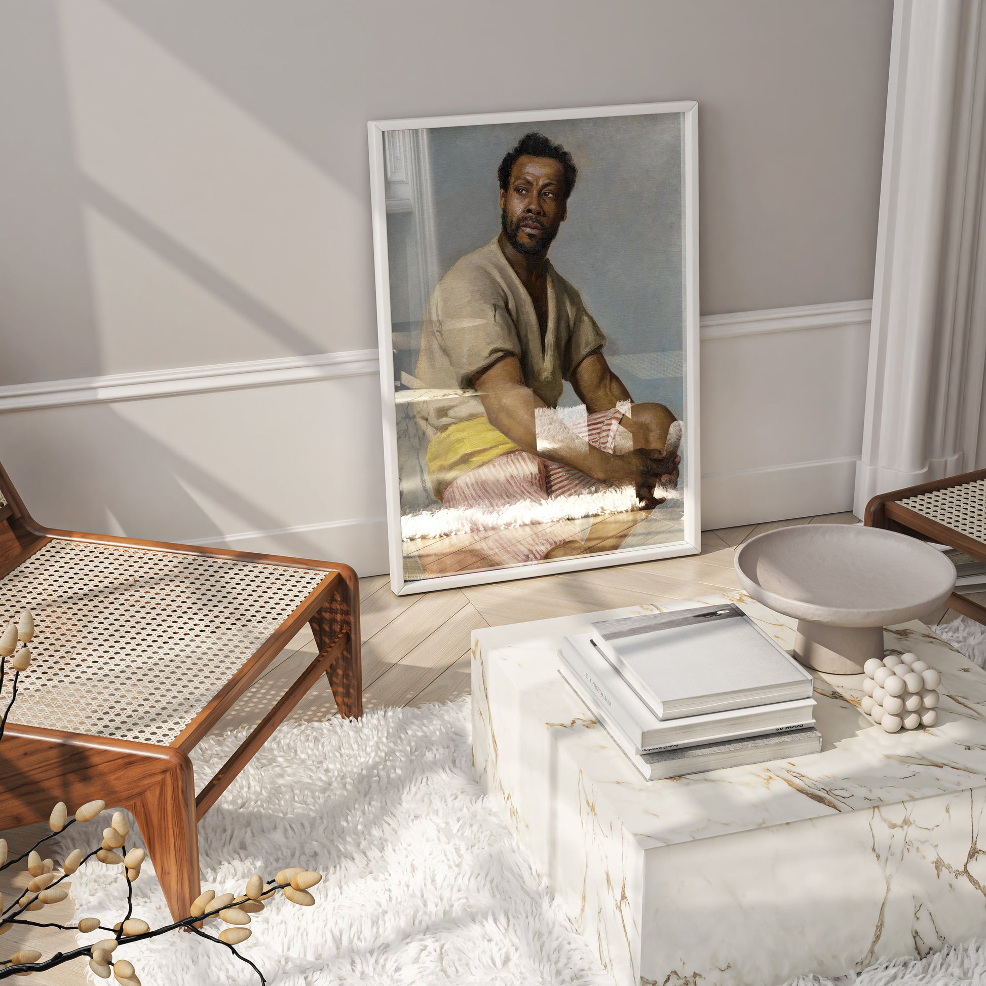 Statement wall art print of a seated man with a yellow sash by artist Alma Holsteinson, designed as luxury wall decor for modern and traditional interiors.