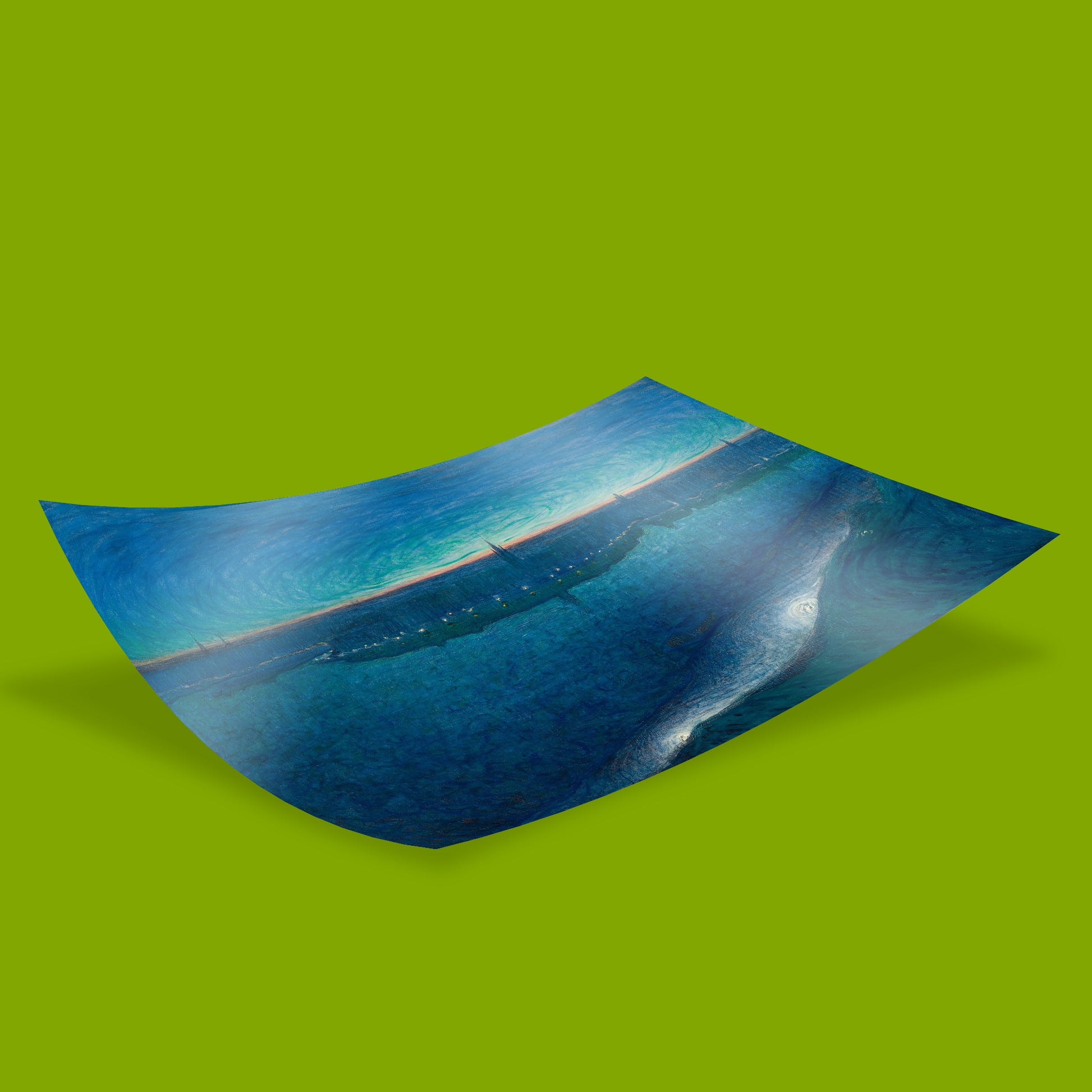 Dawn over Riddarfjärden art print displayed in contemporary Scandinavian interior as statement wall art above minimalist sofa with blue colour palette