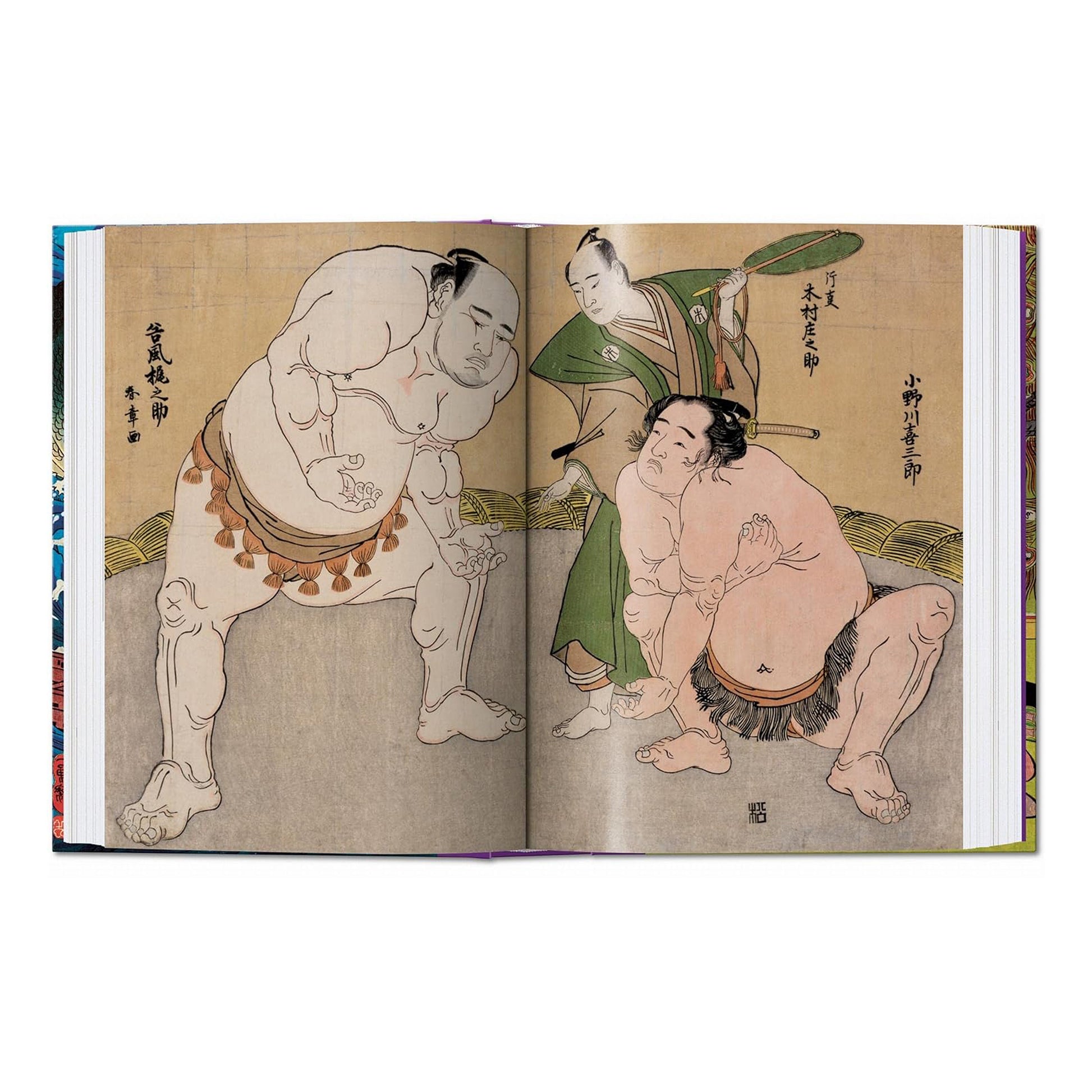 Ukiyo-e print depicting two sumo wrestlers wrestling.