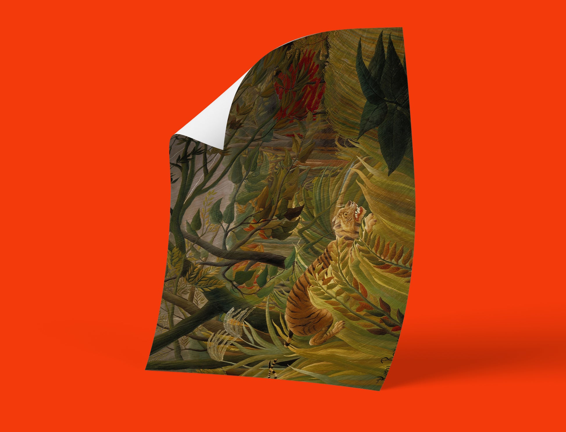 Vibrant wall art of Henri Rousseau's famous "Surprised!" painting, depicting a tiger in a lush jungle illuminated by a lightning storm.