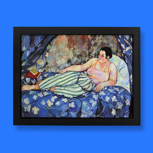 Suzanne Valadon The Blue Room fine art print depicting a reclining woman in striped pyjamas on a blue patterned bed, iconic modernist wall art featuring vibrant colours and bold feminist imagery