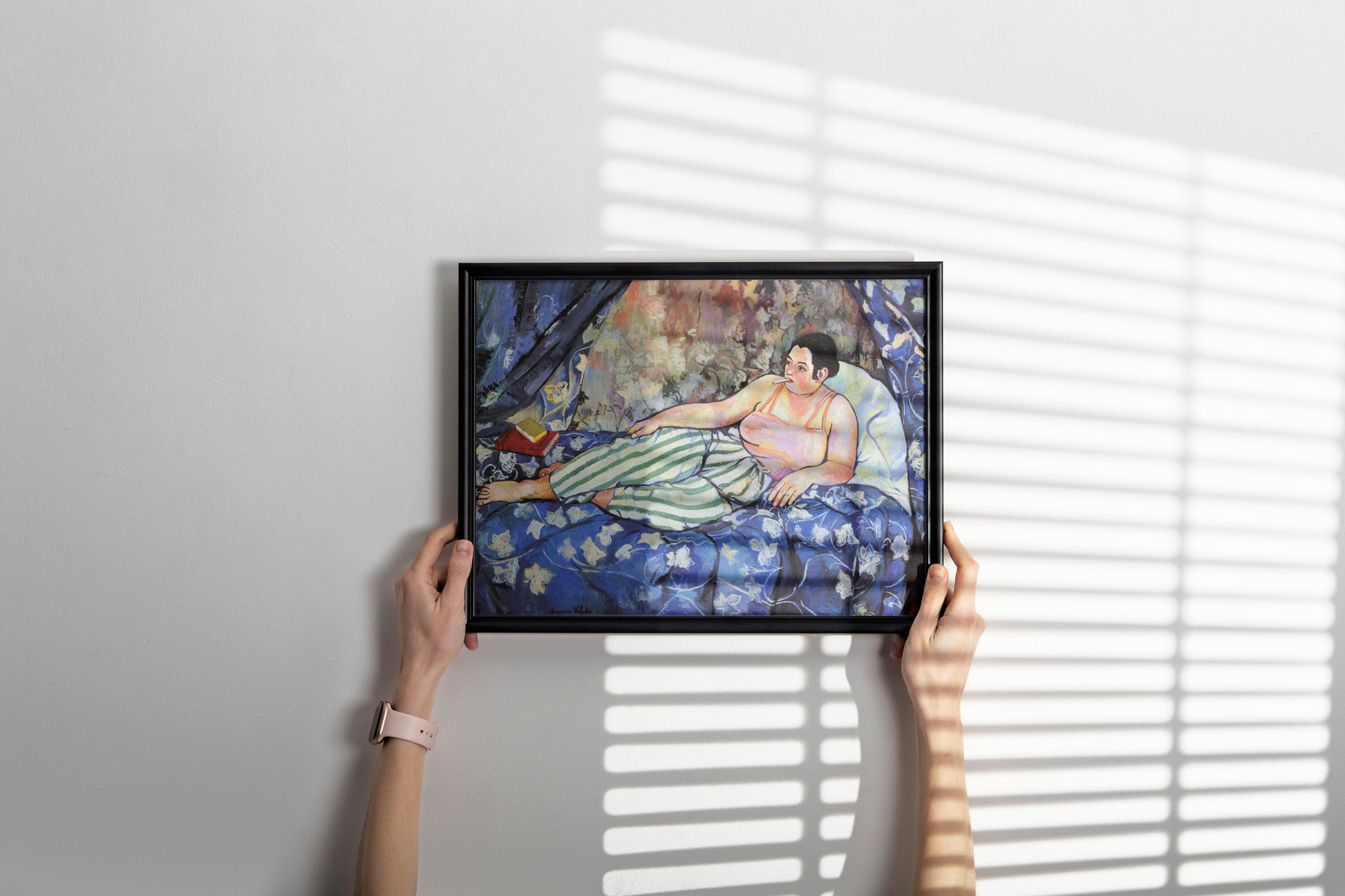 Suzanne Valadon's The Blue Room fine art print in black frame displayed as framed wall art and modern home decor, showcasing iconic feminist artwork with vibrant colours in contemporary interior setting