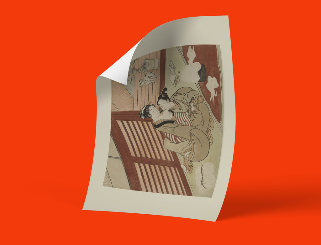 Edo-period shunga art by Suzuki Harunobu showing a romantic scene between two women in traditional Japanese attire, seated in a quiet interior with soft, delicate colours.