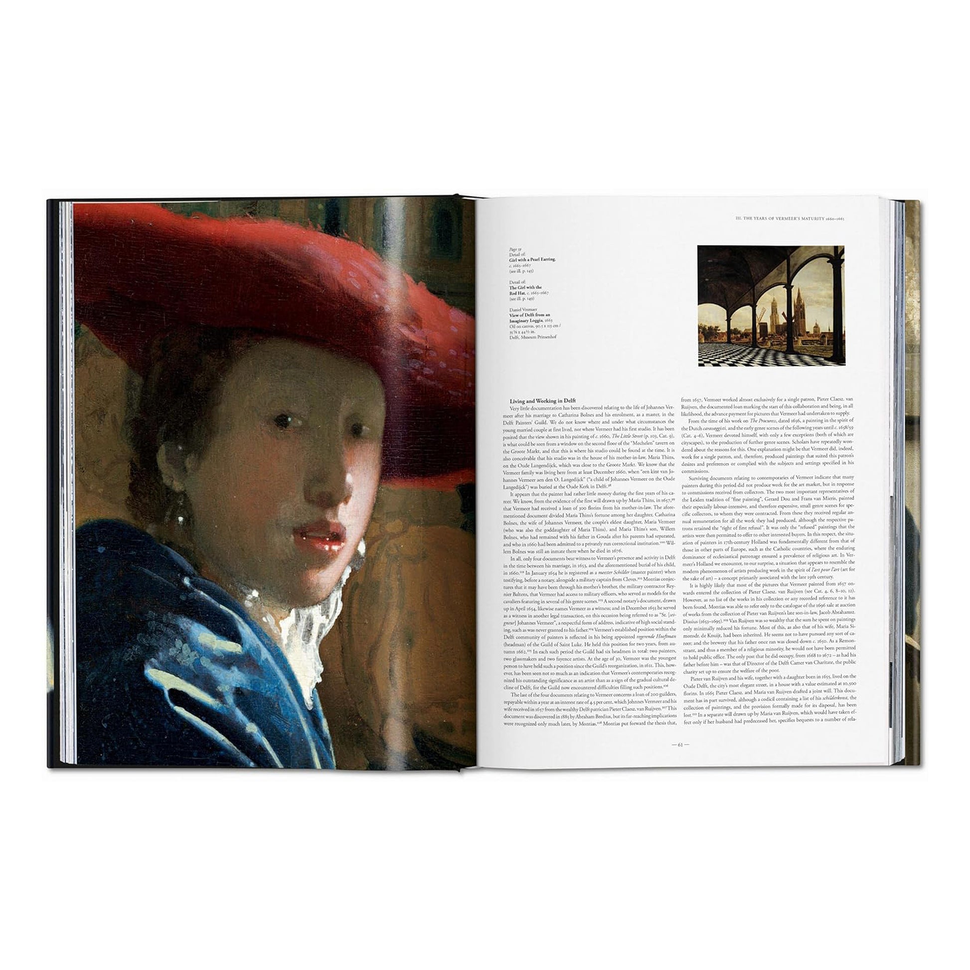 A double-page spread from the hardcover TASCHEN volume, featuring a magnificent detail of Vermeer's 'The Girl with the Red Hat' on the left and historical text on the right.