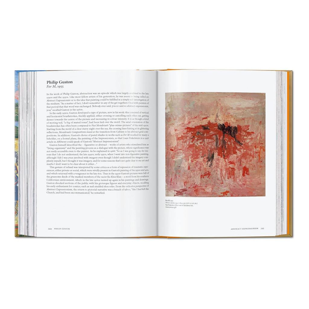 Open spread of TASCHEN Art History book featuring Philip Guston's Abstract Expressionist painting For M 1955, oil on canvas in muted pinks and reds, held at the San Francisco Museum of Modern Art
