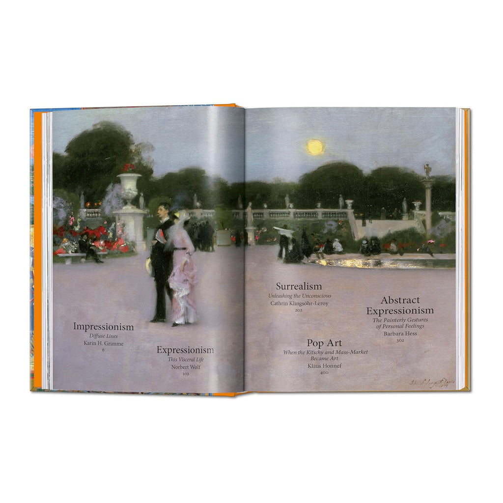 Open spread of TASCHEN Art History book showing contents page with Impressionist painting of couple in moonlit park, listing chapters on Impressionism, Expressionism, Surrealism, Abstract Expressionism and Pop Art