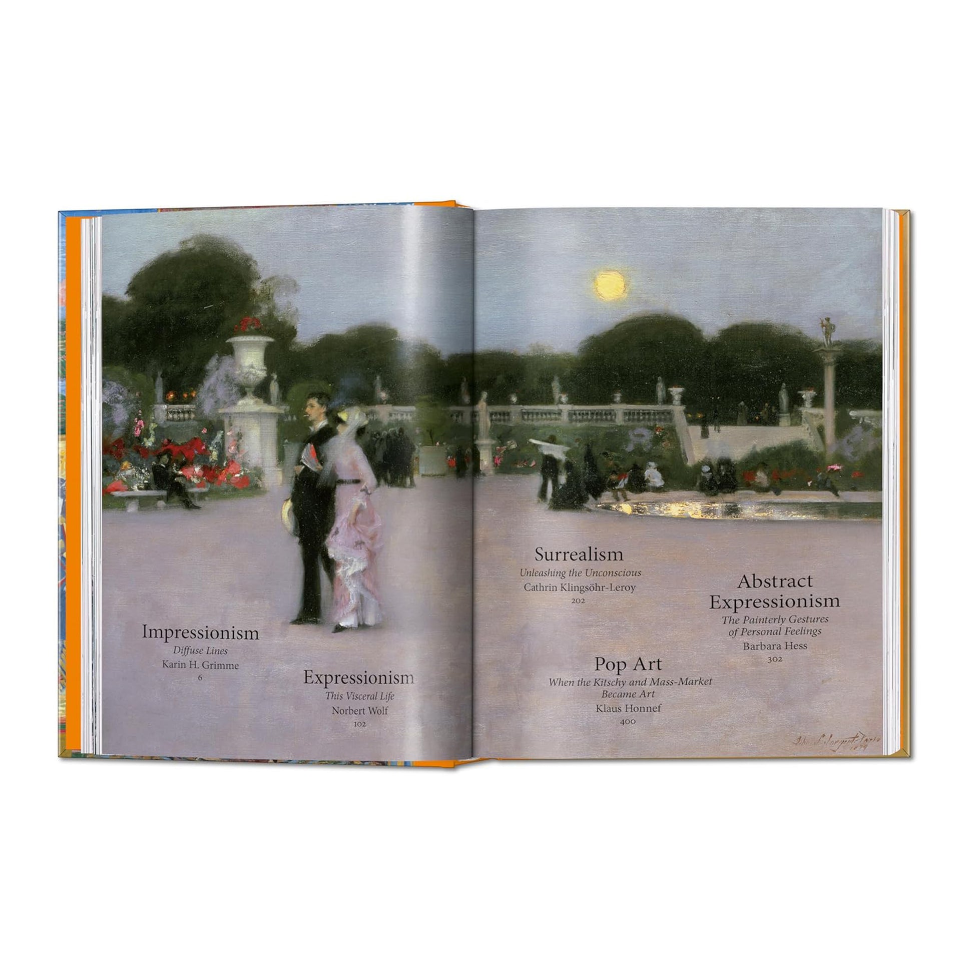 Open spread of TASCHEN Art History book showing contents page with Impressionist painting of couple in moonlit park, listing chapters on Impressionism, Expressionism, Surrealism, Abstract Expressionism and Pop Art