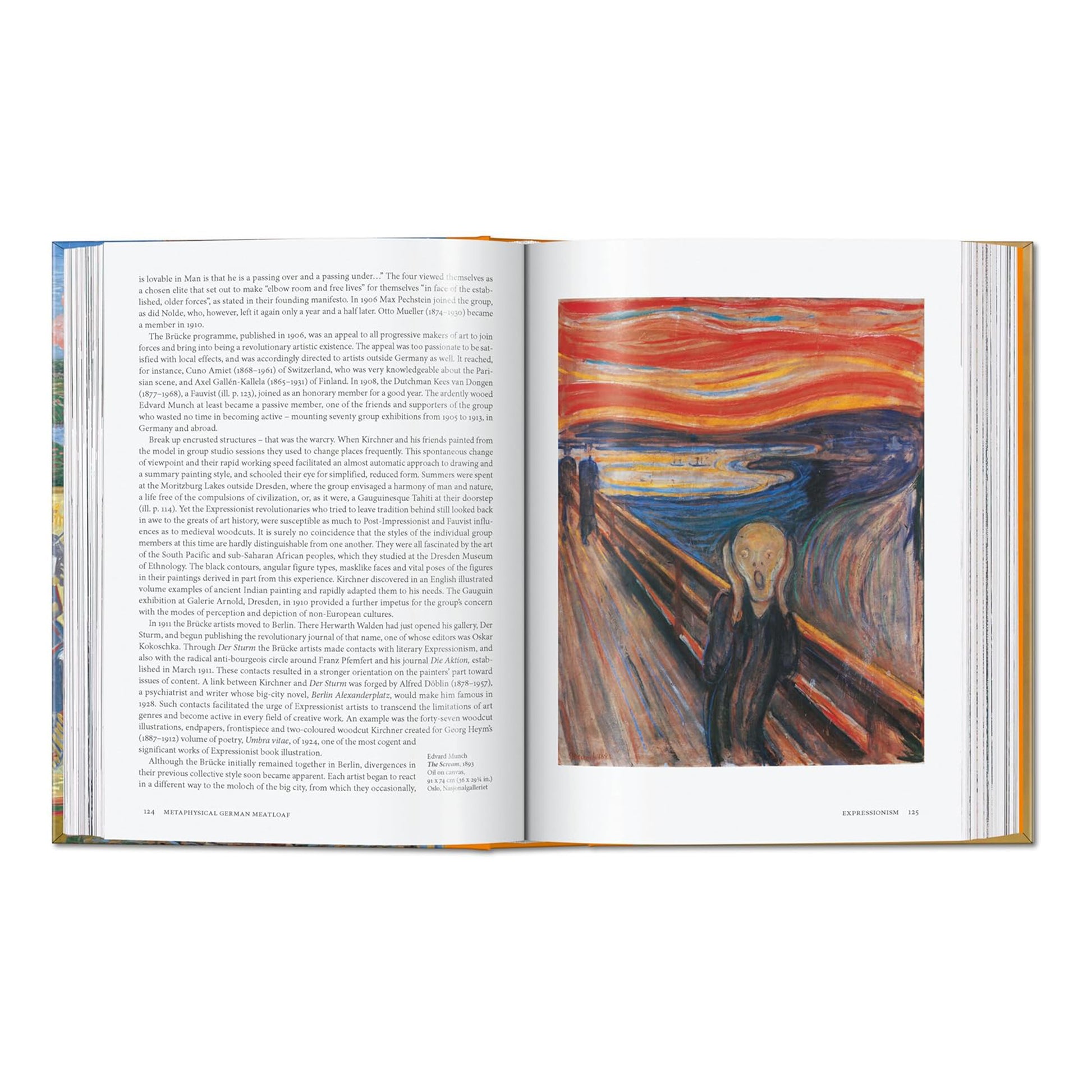 Open spread of TASCHEN Art History book featuring Edvard Munch's The Scream alongside detailed Expressionism text, oil on canvas 1893, held at the Nasjonalgalleriet Oslo