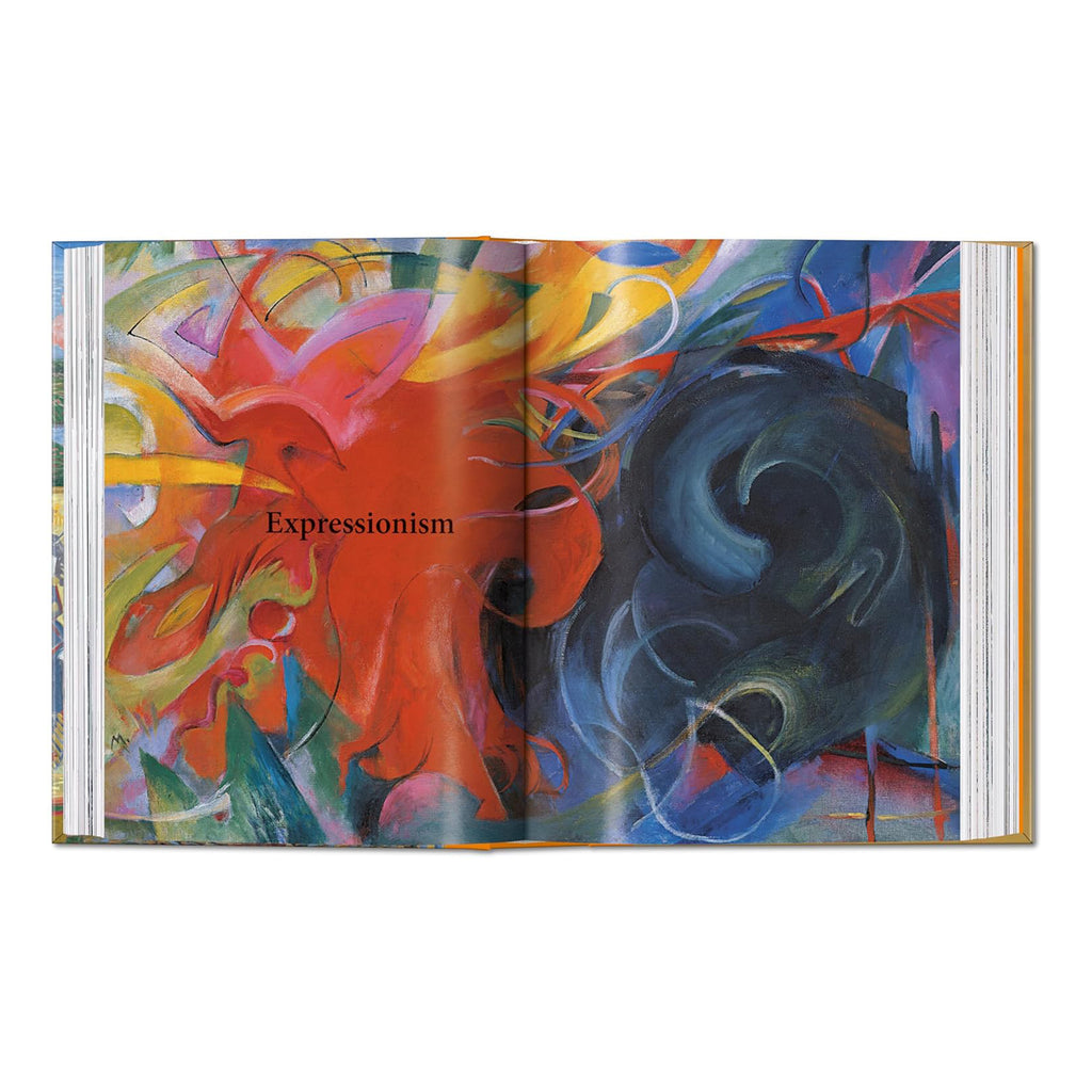 Open spread of TASCHEN Art History book showing Franz Marc's Fighting Forms, a bold Expressionist painting in red, blue and yellow, with Expressionism chapter title
