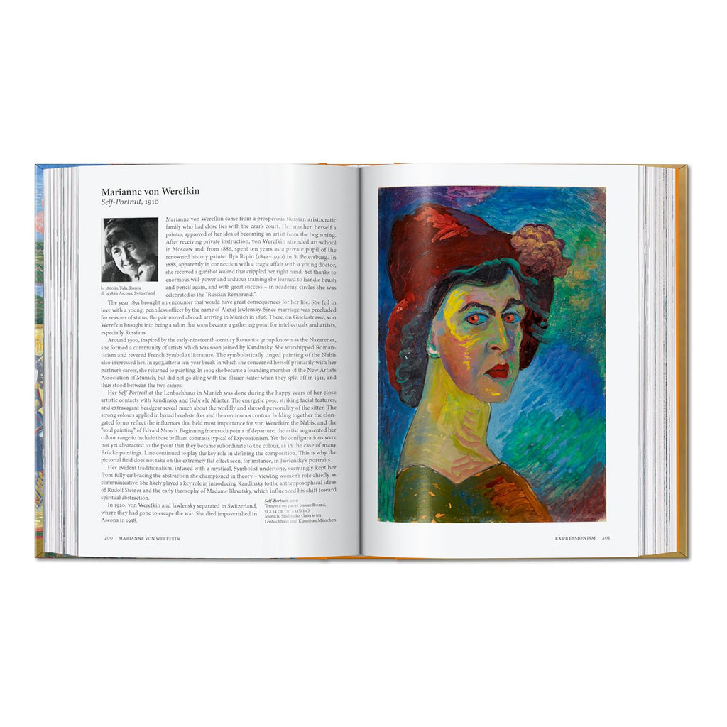 Open spread of TASCHEN Art History book featuring Marianne von Werefkin's Self-Portrait 1910, a vivid Expressionist tempera work in greens, reds and blues, held at the Städtische Galerie im Lenbachhaus Munich