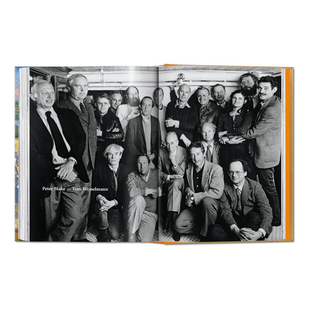 Open spread of TASCHEN Art History book showing black and white group photograph of Pop Art figures including Andy Warhol, Peter Blake and Tom Wesselmann, from the Pop Art chapter