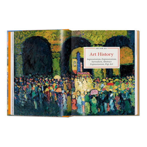 Open spread of TASCHEN Art History fine art book featuring Kandinsky Expressionist crowd scene painting in vivid greens, yellows and blues with Art for All title overlay