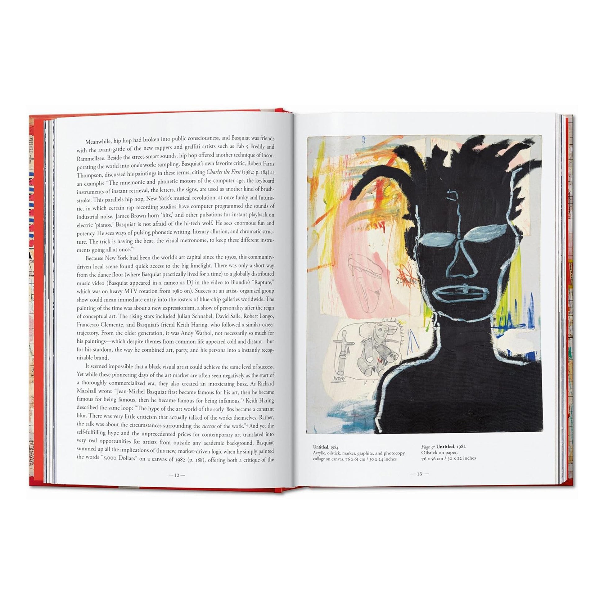 A close-up of the interior pages of the Jean-Michel Basquiat monograph, showing the textured paper and rich colour printing of the artist's work.