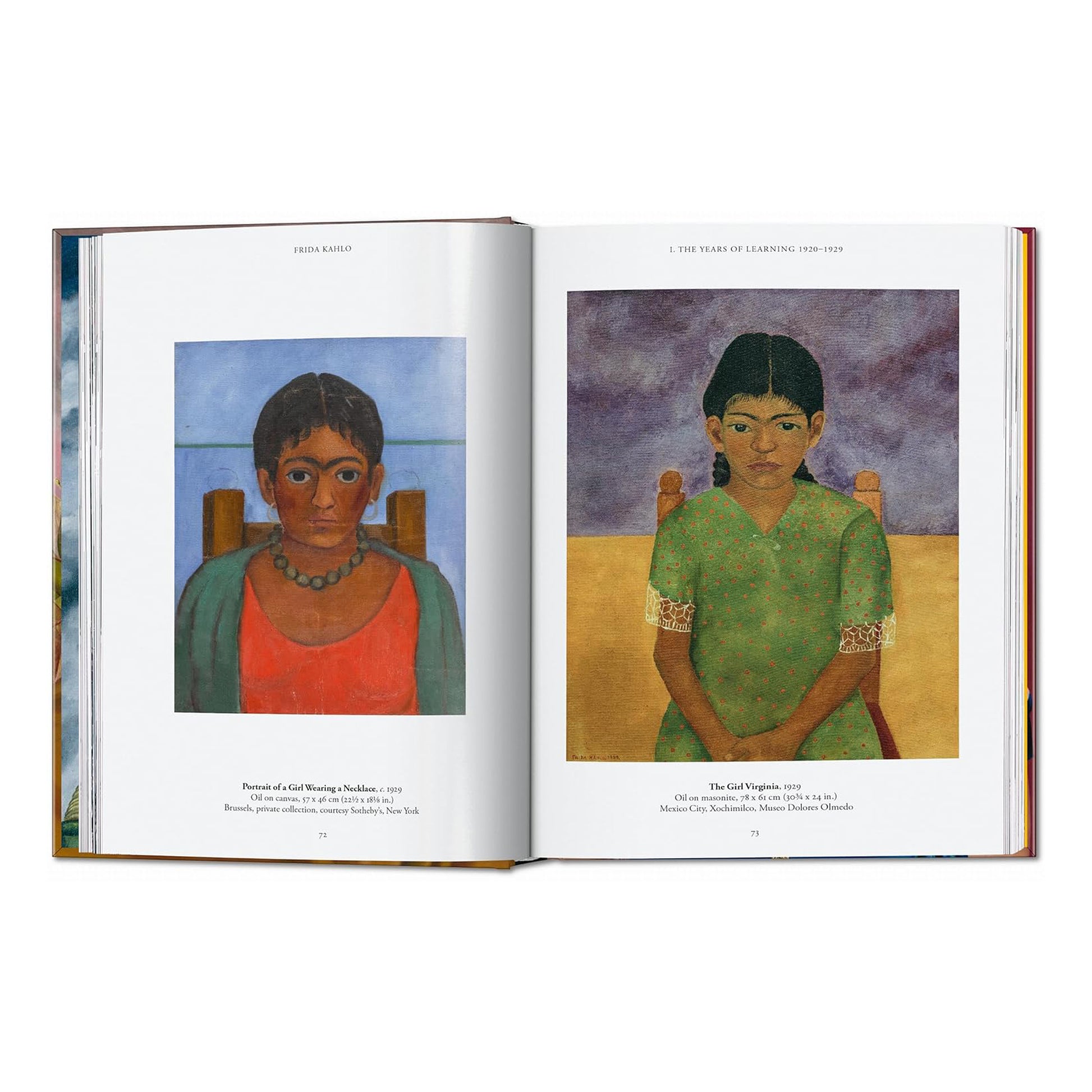 An open spread from the TASCHEN art book featuring two of Frida Kahlo's early portraits, "Portrait of a Girl Wearing a Necklace" and "The Girl Virginia", highlighting her formative years as a painter.