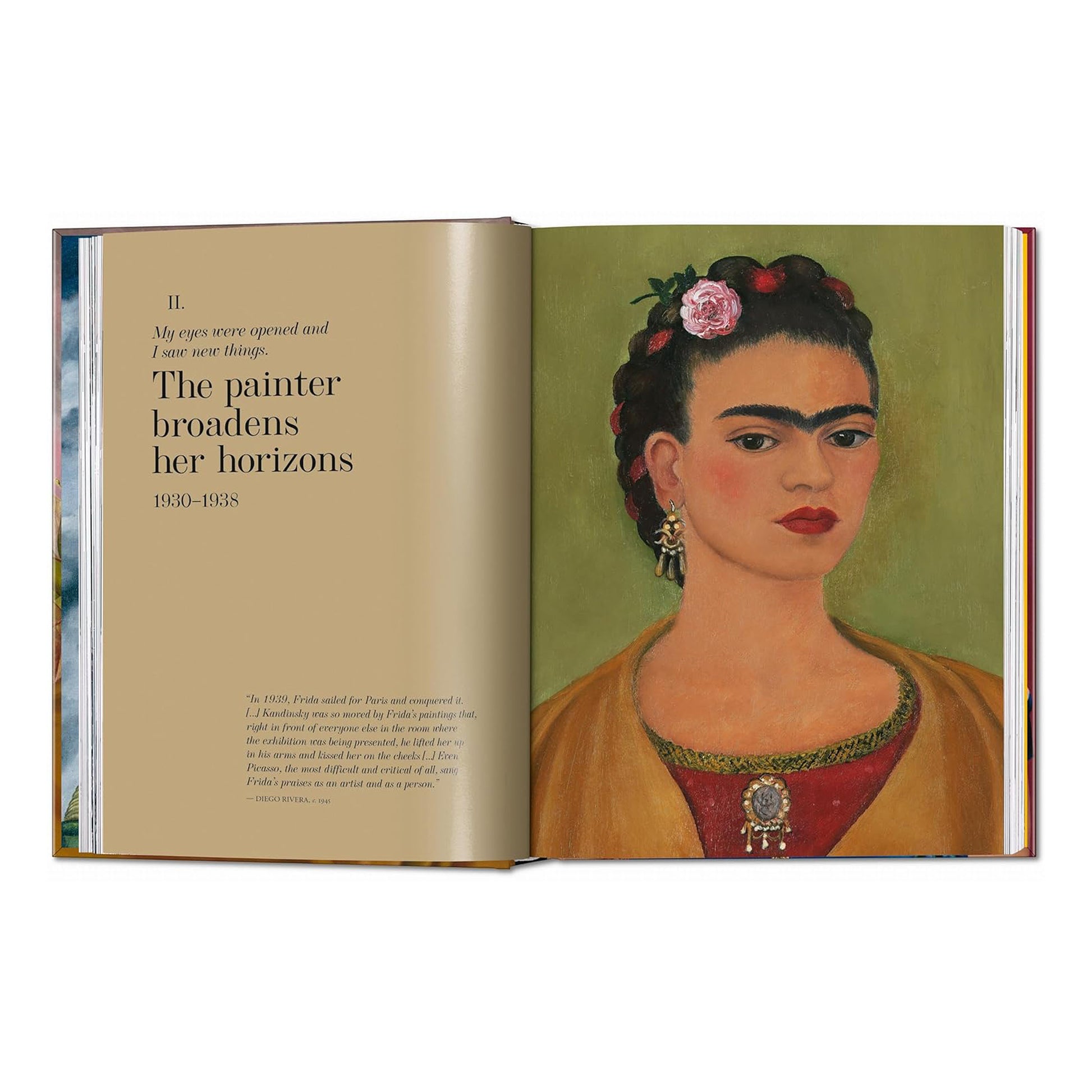 An open book spread showing a powerful self portrait of Frida Kahlo, with a rose in her hair and a detailed gold necklace, from the 40th anniversary TASCHEN fine art book.