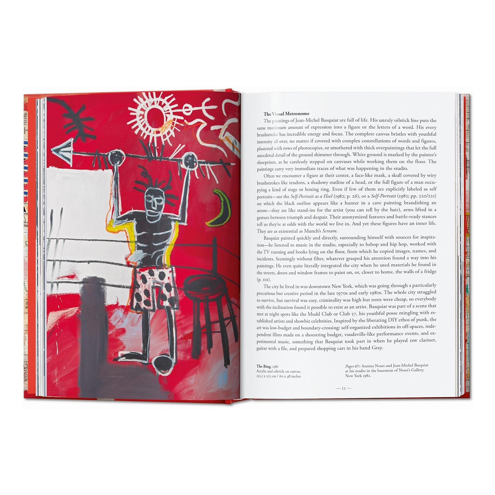 A detailed photograph of a page from the Taschen book featuring Jean-Michel Basquiat's studio, providing a glimpse into the creative process of the legendary artist.