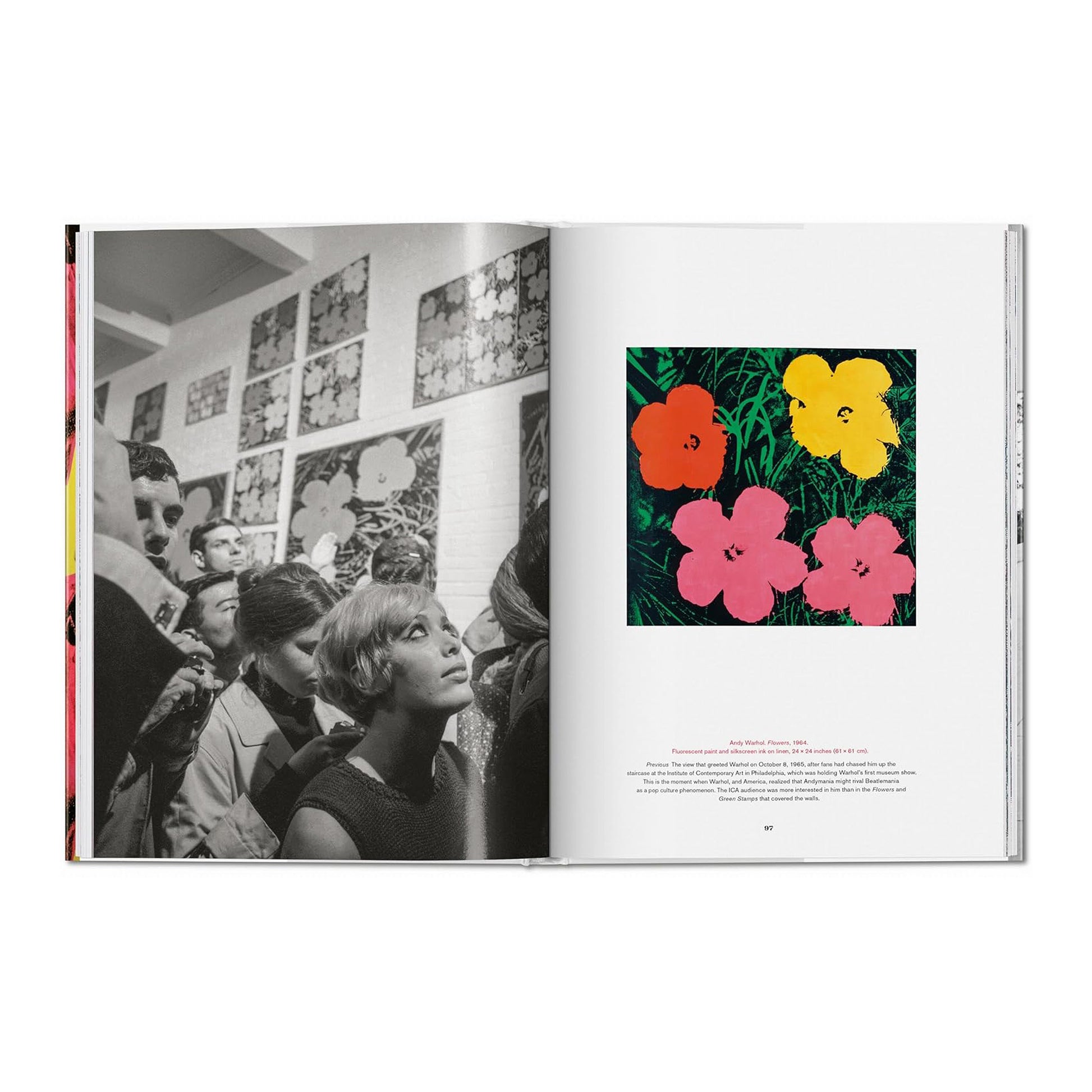 A page from the TASCHEN book displaying a tipped-in plate of Andy Warhol's "Flowers" series, a prime example of his famous serigraph art prints.