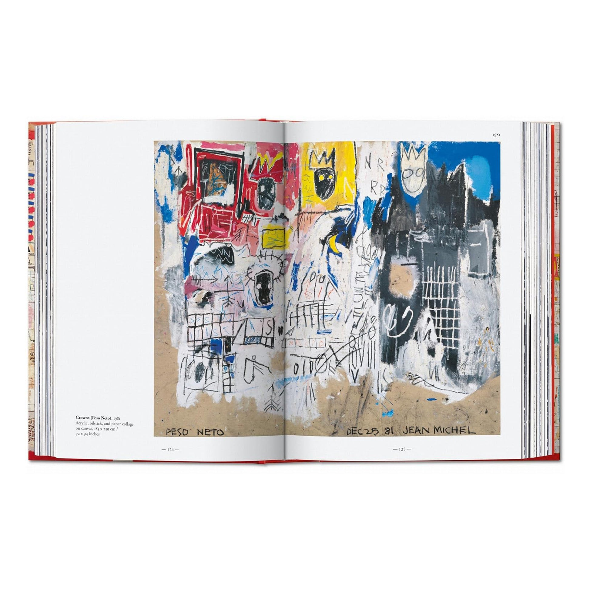 Open book displaying a colorful abstract artwork by Jean Michel Basquiat with various shapes and colors on a white background.