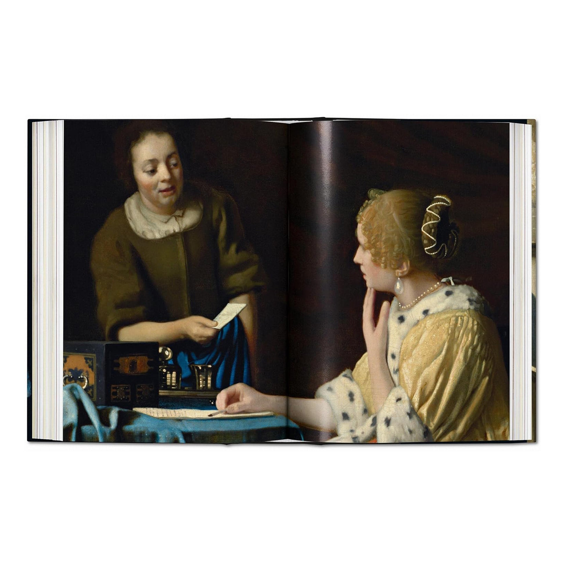 A book spread featuring a full-page image of Johannes Vermeer's painting, 'A Lady Writing a Letter,' in the TASCHEN 'Complete Works' series.