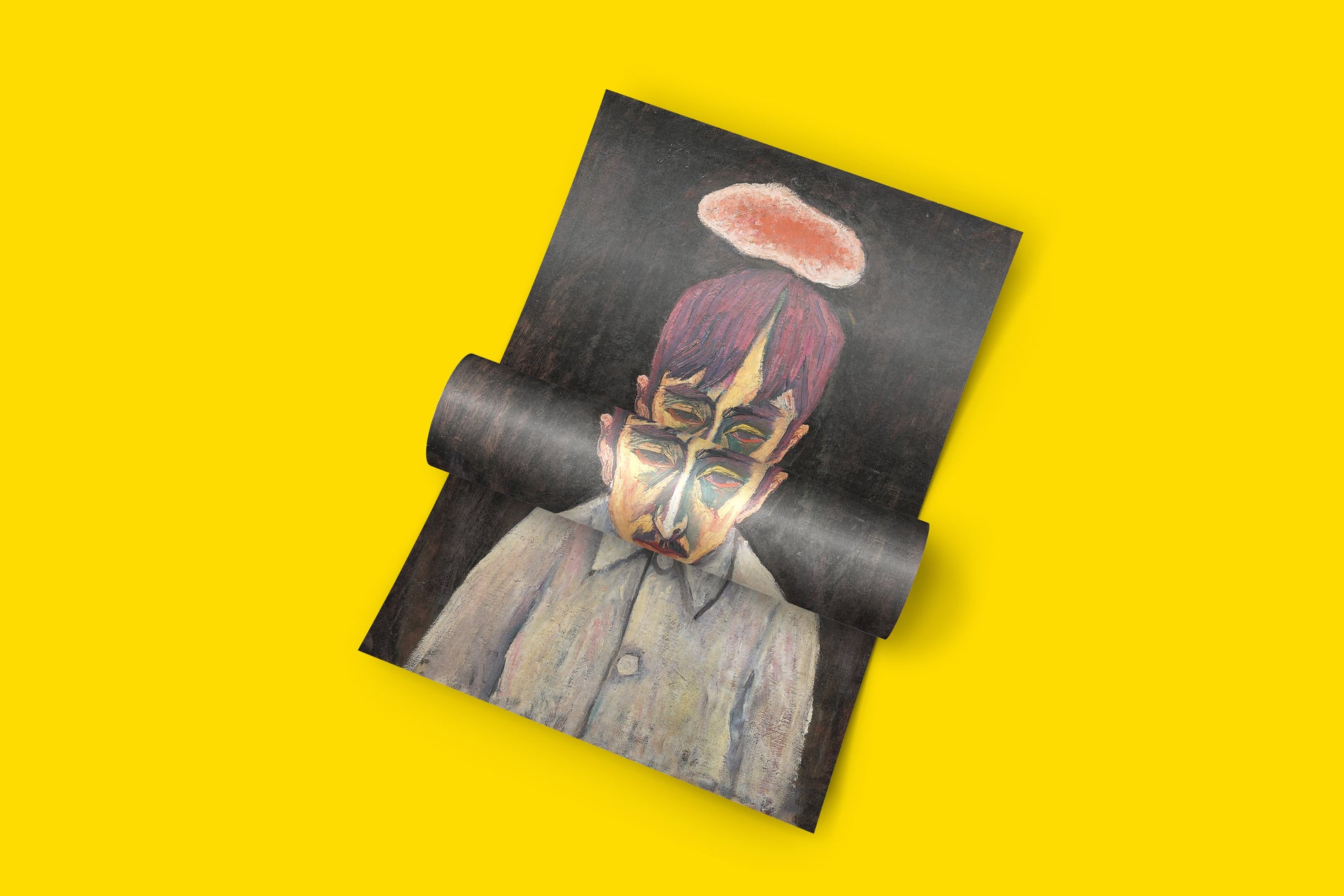 High-quality art print of Tetsugorō Yorozu's 'Self-Portrait with Clouds,' showcasing his unique blend of Cubist and Expressionist styles in a melancholic self-depiction.