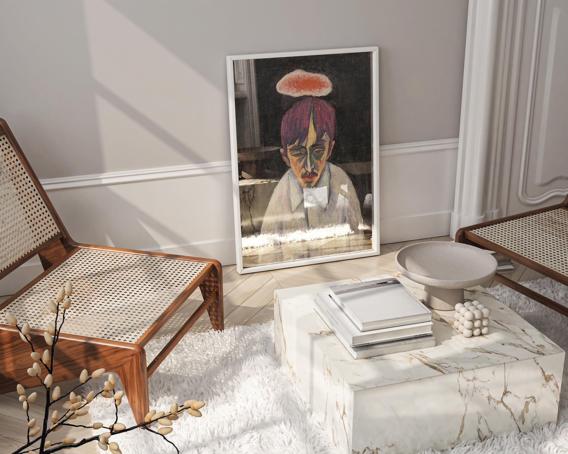 Stunning framed wall art of Tetsugorō Yorozu's 'Self-Portrait with Clouds' (Kumonoaru jigazou) for contemporary interior design.