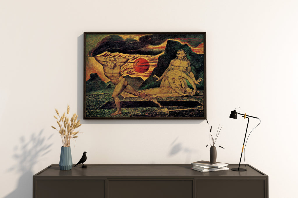 a framed giclée art print of 'The Body of Abel Found by Adam and Eve' by William Blake, highlighting the matte finish and frame detail.