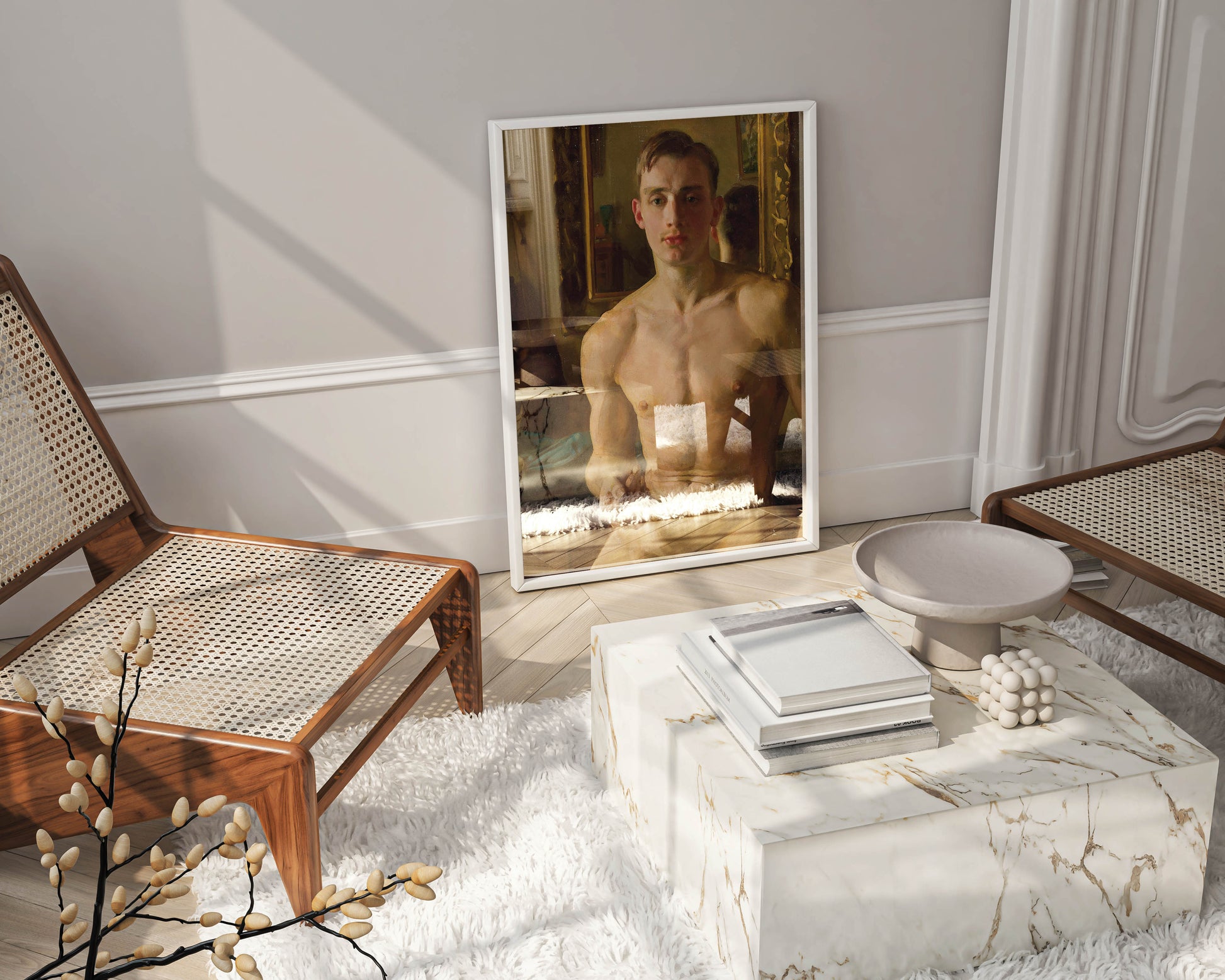 A lifestyle shot of a sophisticated living room, featuring a "The Boxer" art print in a white frame, enhancing the room's elegant and artistic aesthetic.