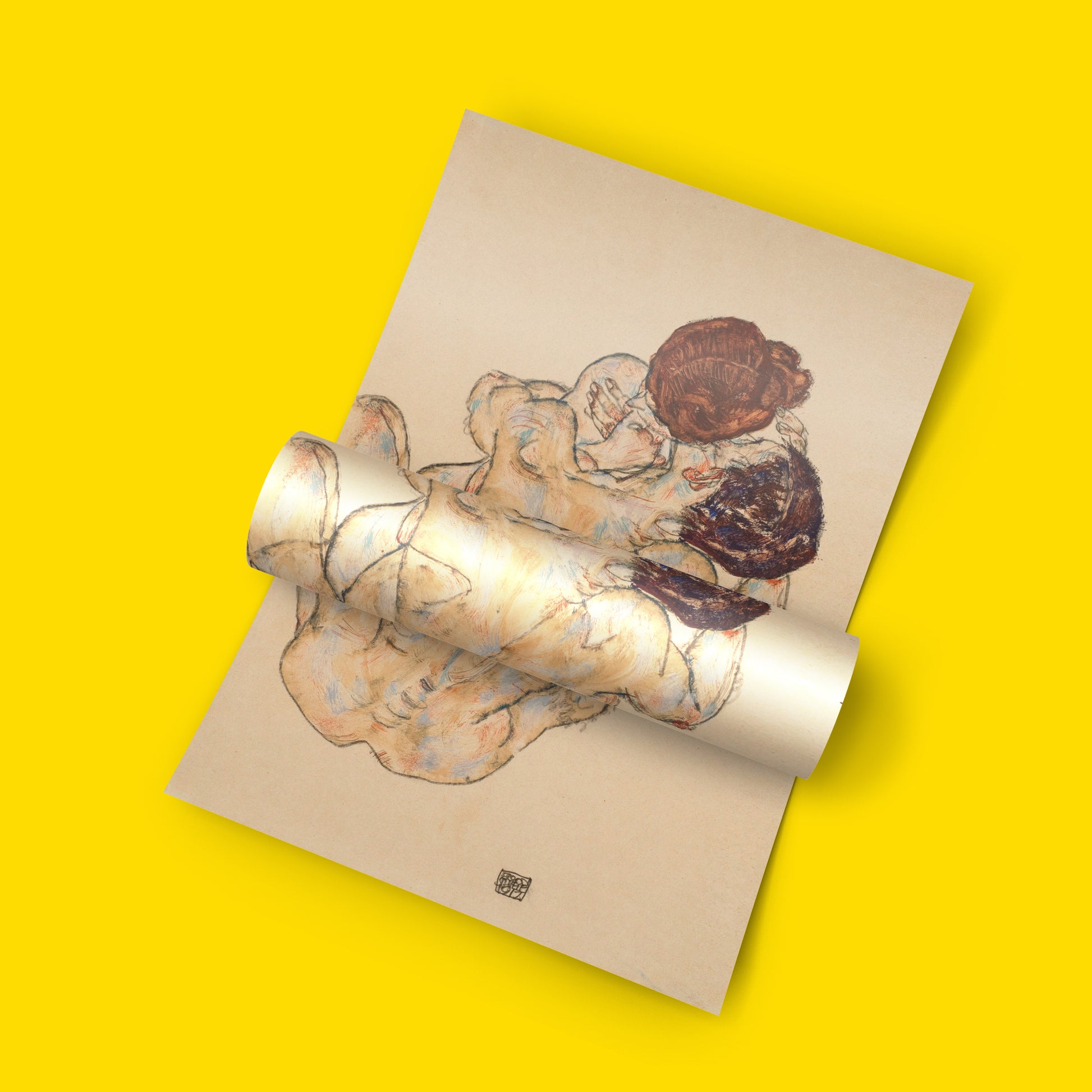 Egon Schiele figurative art print The Embrace, Austrian artist romantic couple wall art for bedroom décor