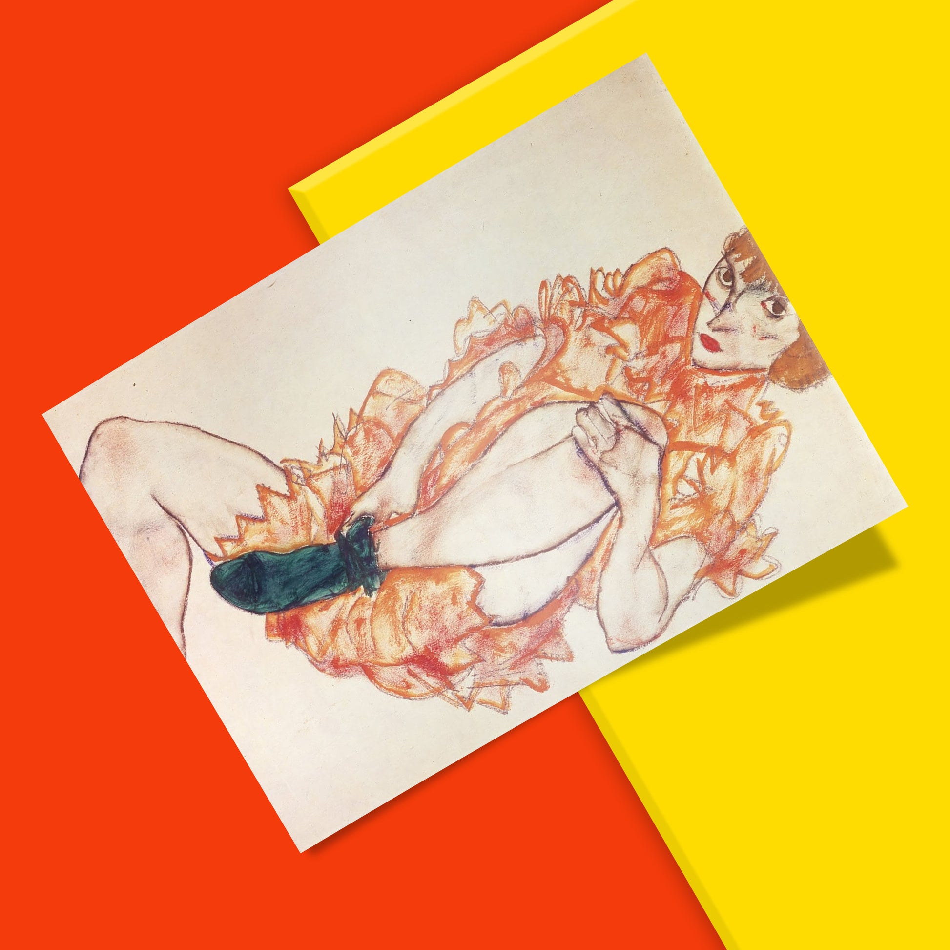 Vienna Secession print by Egon Schiele for wall decor, The Green Stocking, capturing early 20th-century Austrian Expressionist art.