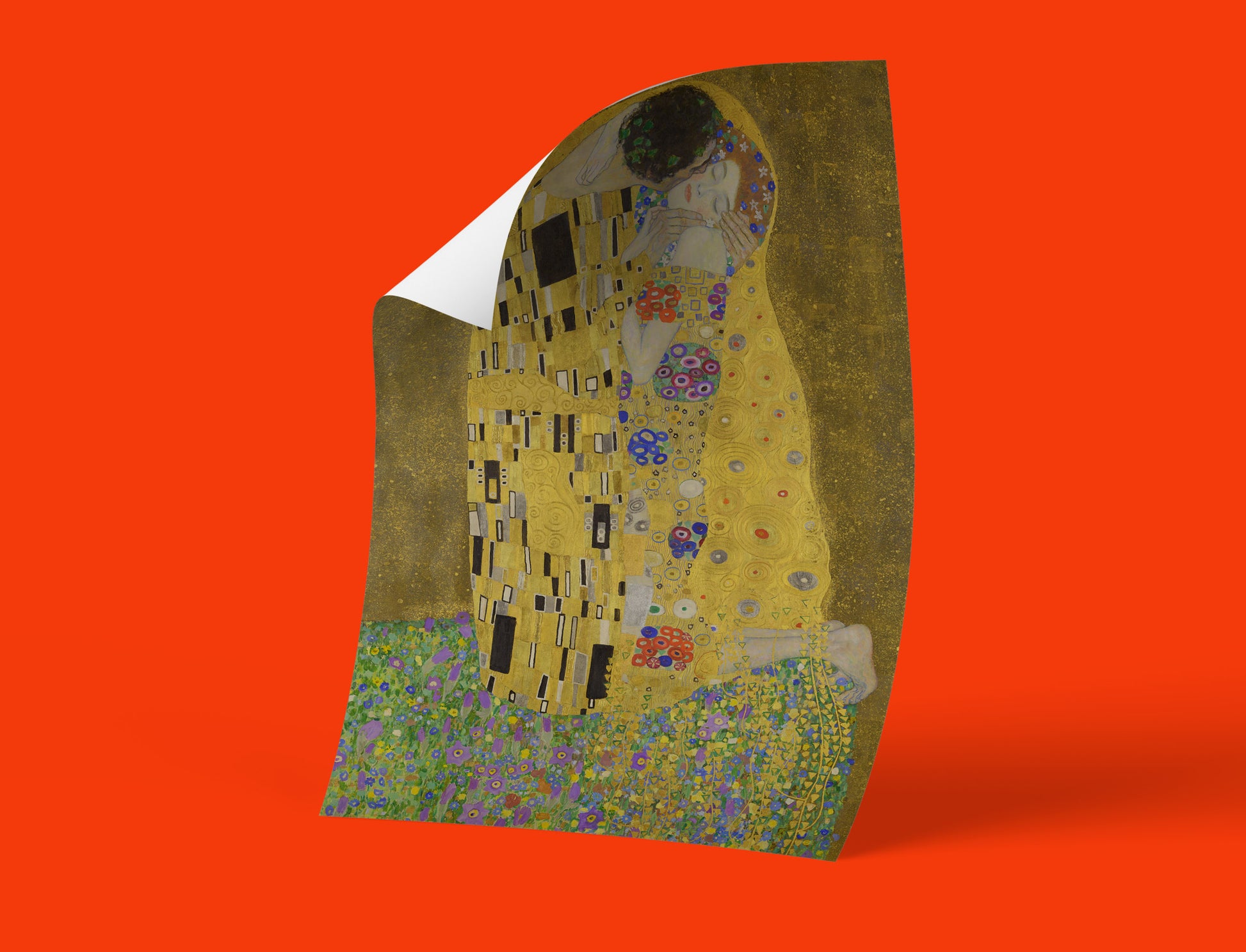 Fine art giclée print of The Kiss by Gustav Klimt displayed in stylish home interior setting.
