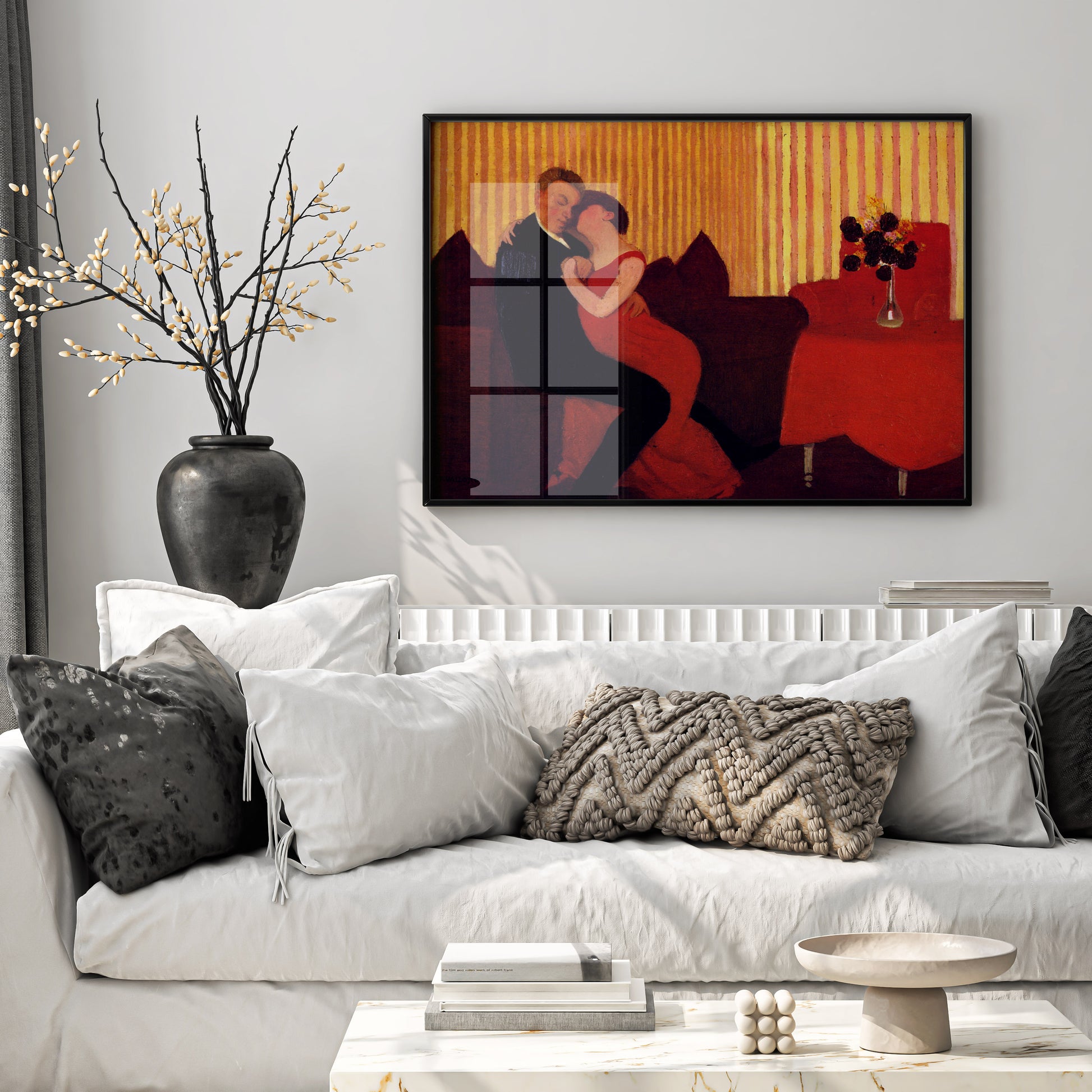 Fine art poster of a woman in a red dress embracing a man on a sofa, from Félix Vallotton's painting The Lie.
