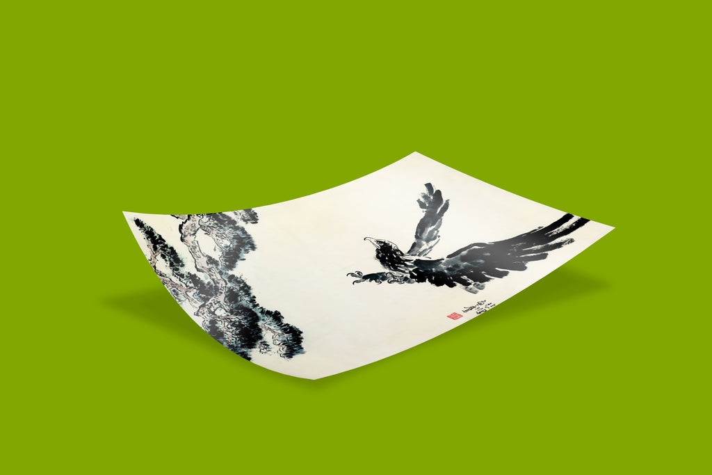 A detailed giclée print of Xu Beihong's famous artwork, depicting an eagle in flight above a pine tree.