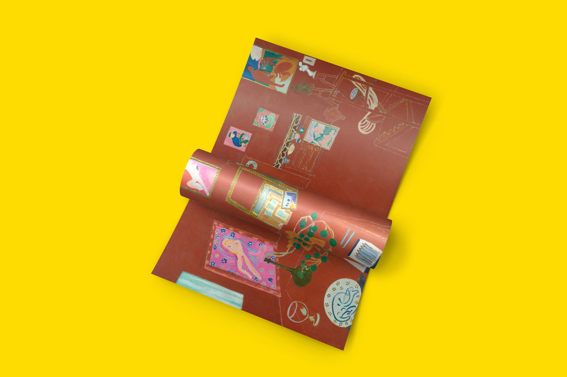 The Red Studio by Henri Matisse wall art poster showcasing Fauvist masterpiece with bold Venetian red colour field and studio objects