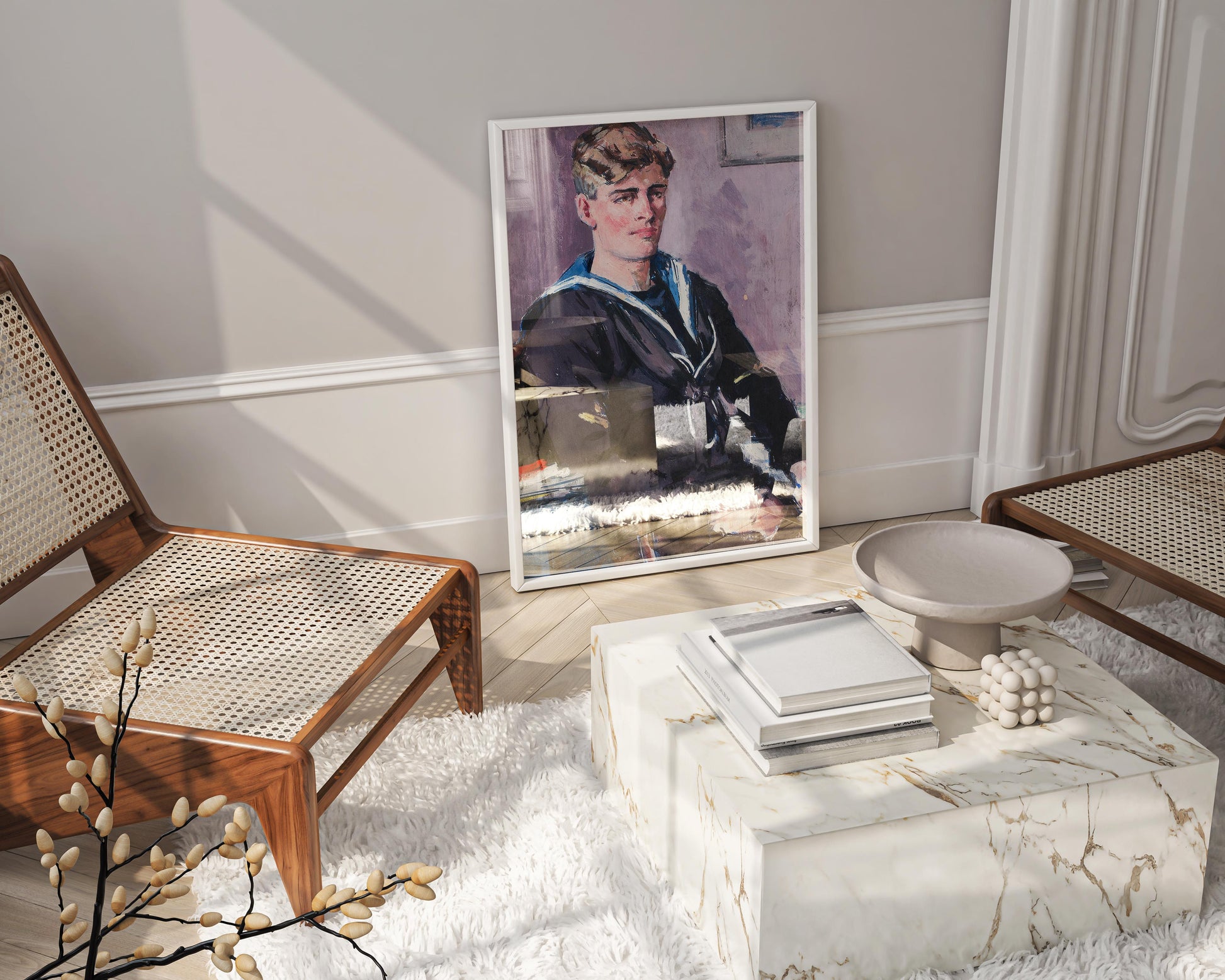 "The Sailor," a framed Scottish Colourist art print, enhancing a modern living room as stylish wall decor.