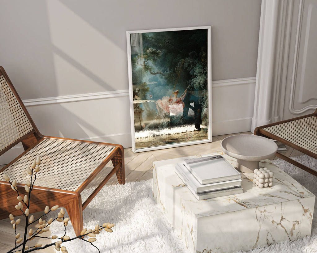 Framed Jean-Honoré Fragonard The Swing art print on wall, Rococo painting in elegant frame, premium home decor and wall art display
