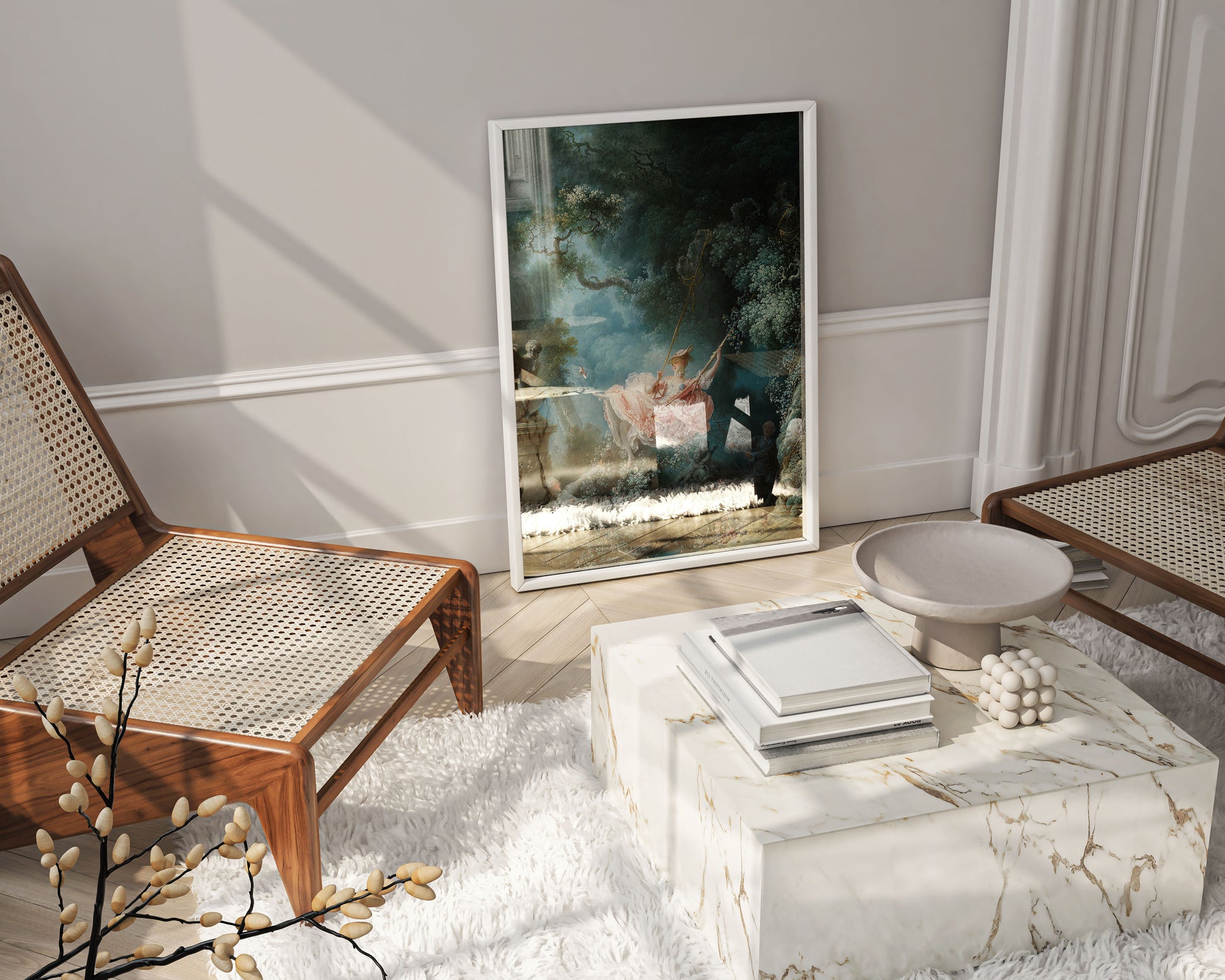 Framed Jean-Honoré Fragonard The Swing art print on wall, Rococo painting in elegant frame, premium home decor and wall art display