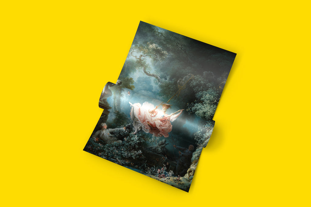 Fragonard L'Escarpolette fine art poster, 18th century Rococo artwork print in pastel pink and green, high-resolution giclée reproduction