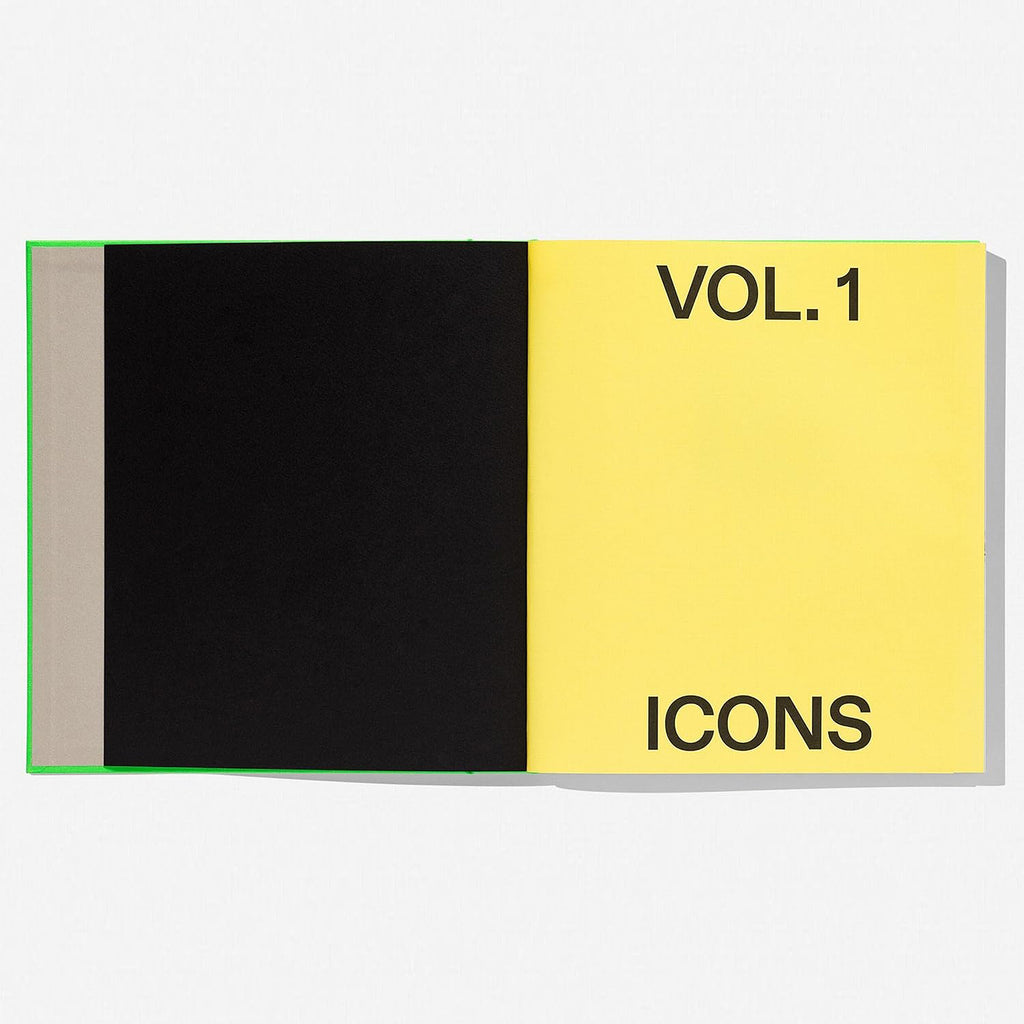 An open book displaying a page with the title "VOL. 1 ICONS" in black text on a bright yellow background, representing the iconic Nike and Off-White collaboration.