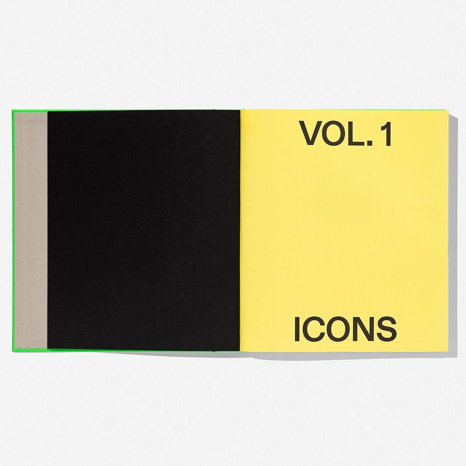 An open book displaying a page with the title "VOL. 1 ICONS" in black text on a bright yellow background, representing the iconic Nike and Off-White collaboration.