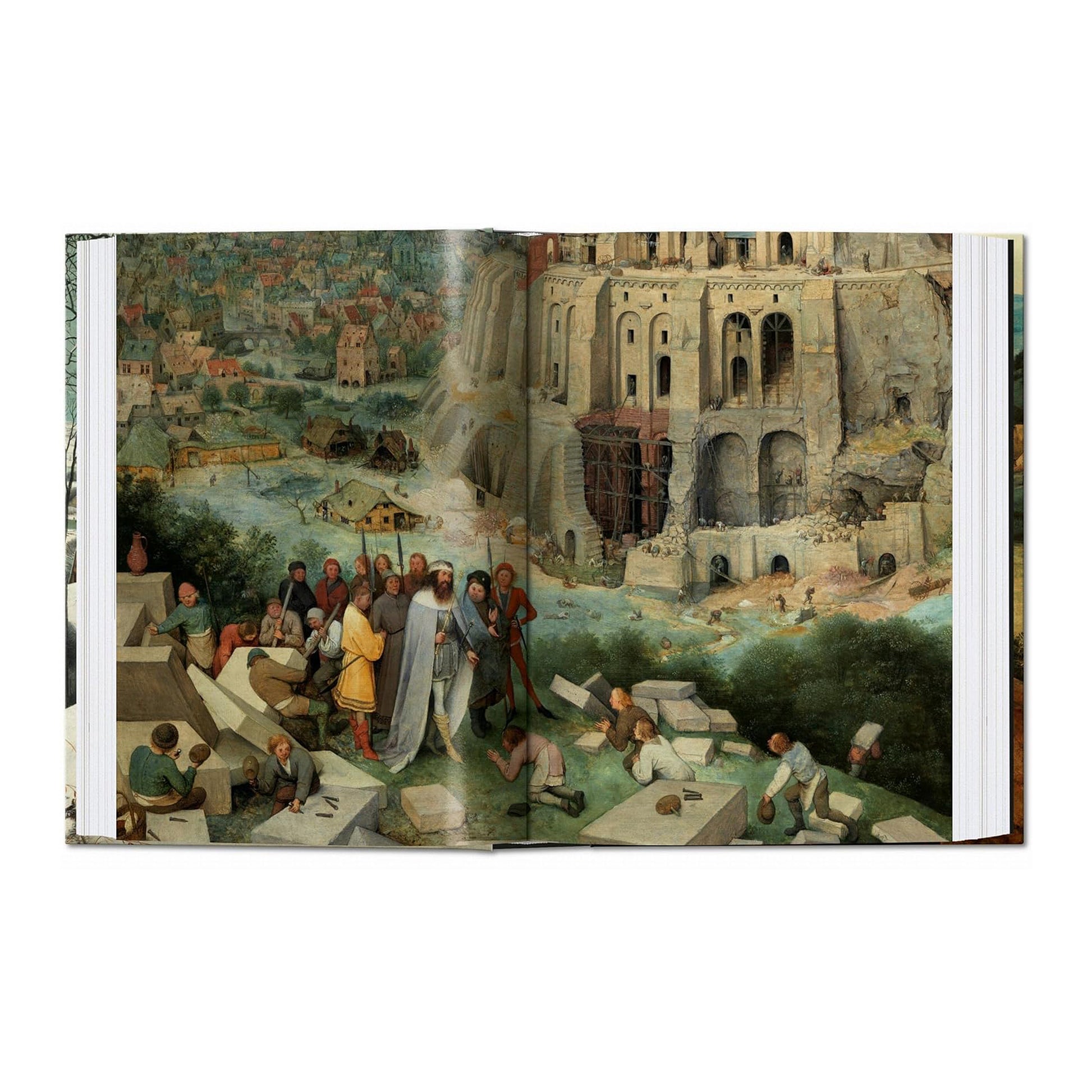 A double-page spread of Pieter Bruegel's "The Tower of Babel" from the Taschen edition, highlighting the architectural grandeur and humanistic themes of this iconic painting.