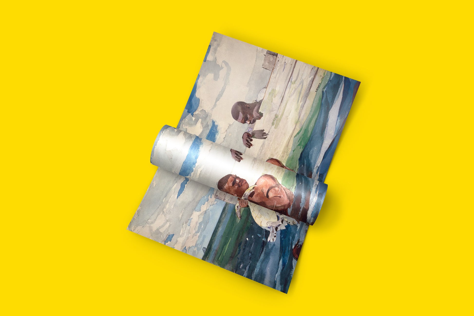 "The Turtle Pound" art print featuring two men wrangling a turtle in turquoise water, perfect for your wall art collection.