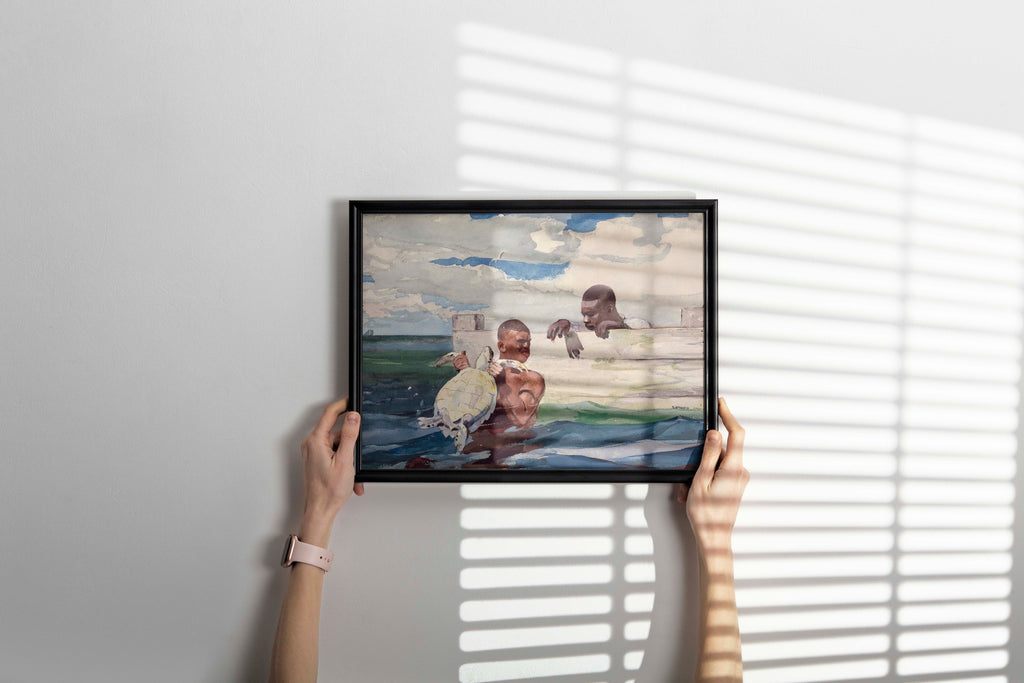 A high-quality giclée print of Winslow Homer's "The Turtle Pound" with a sleek, minimalist frame, ready to hang as a statement piece of wall decor.
