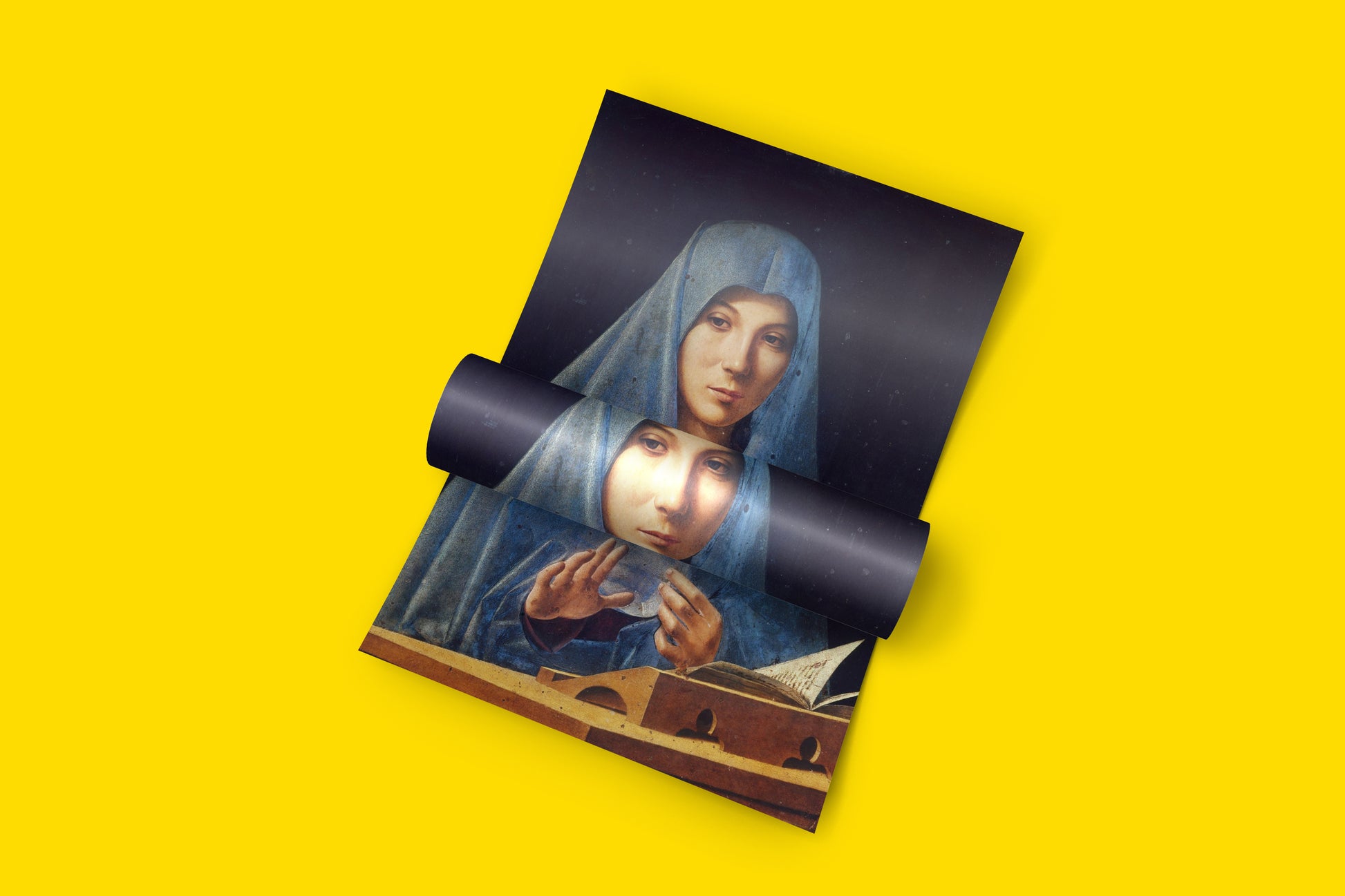 A detailed reproduction of the iconic Virgin Annunciate painting housed in the Palazzo Abatellis, perfect for fine art lovers.
