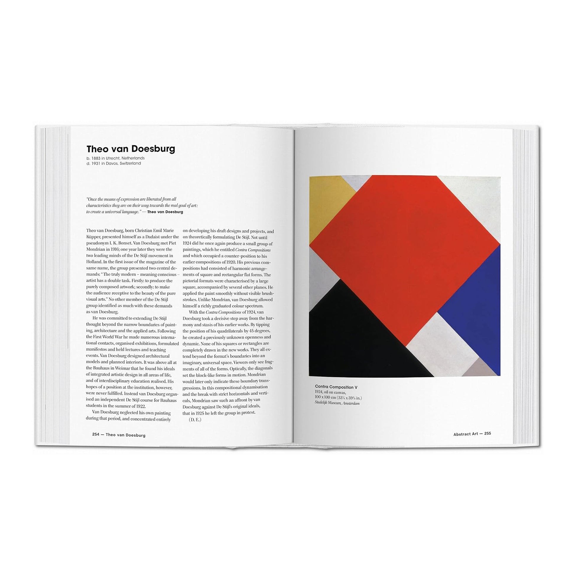 Inside the book, a page featuring Theo van Doesburg's abstract art, "Contra Composition V," a key piece in modernism.