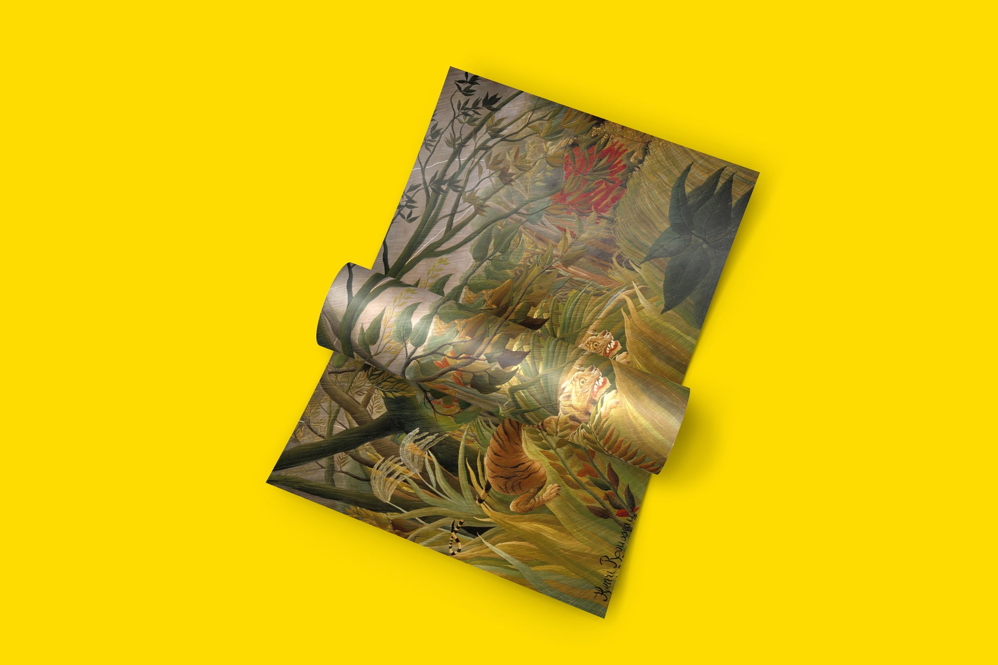 A close-up shot of the detailed texture and vivid colours of a high-quality fine art print of Rousseau's "Tiger in a Tropical Storm," showcasing the artist's unique style.