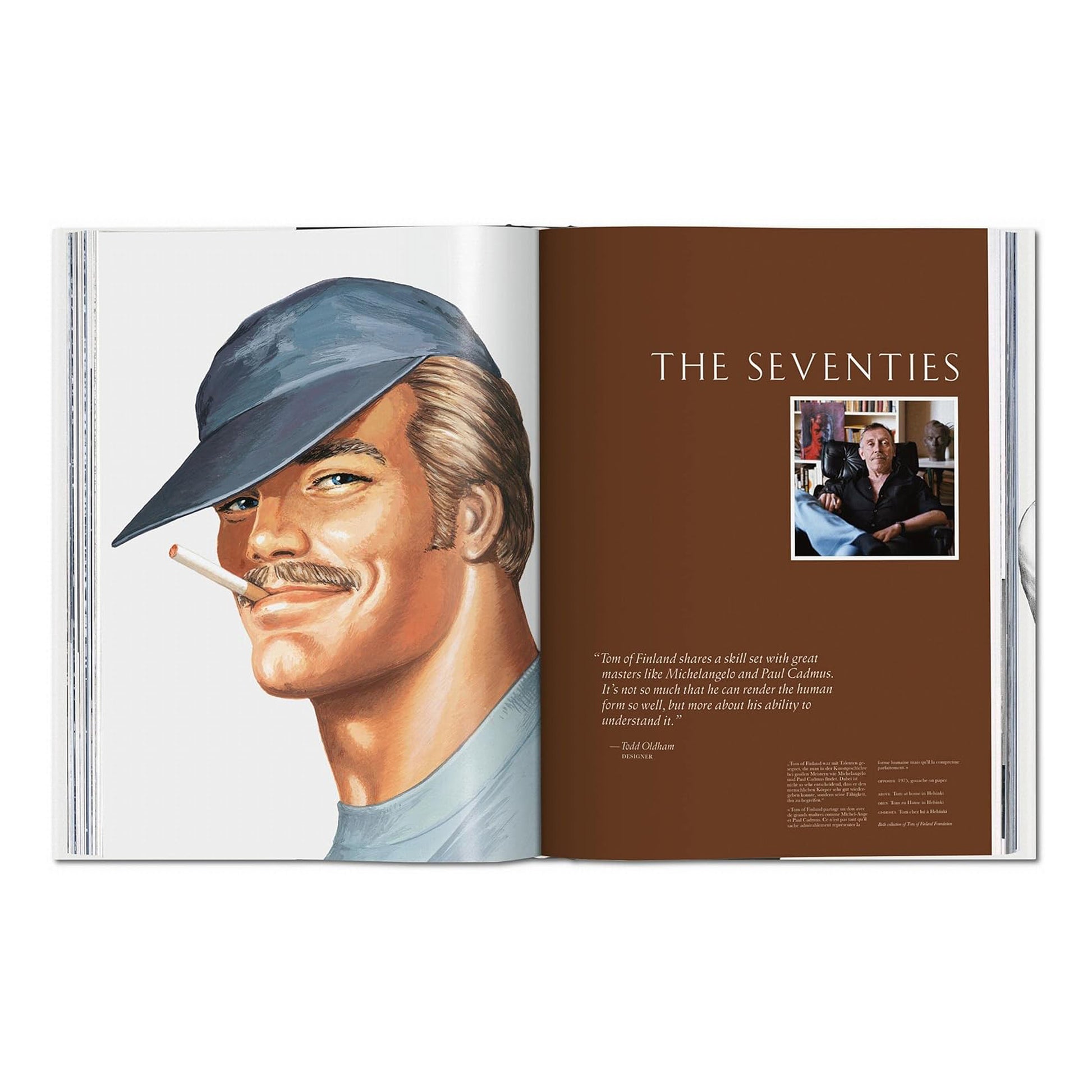 An open page from the Tom of Finland book with a colour painting of a man wearing a cap and smoking, alongside an editorial text about the artist's work in the 1970s.