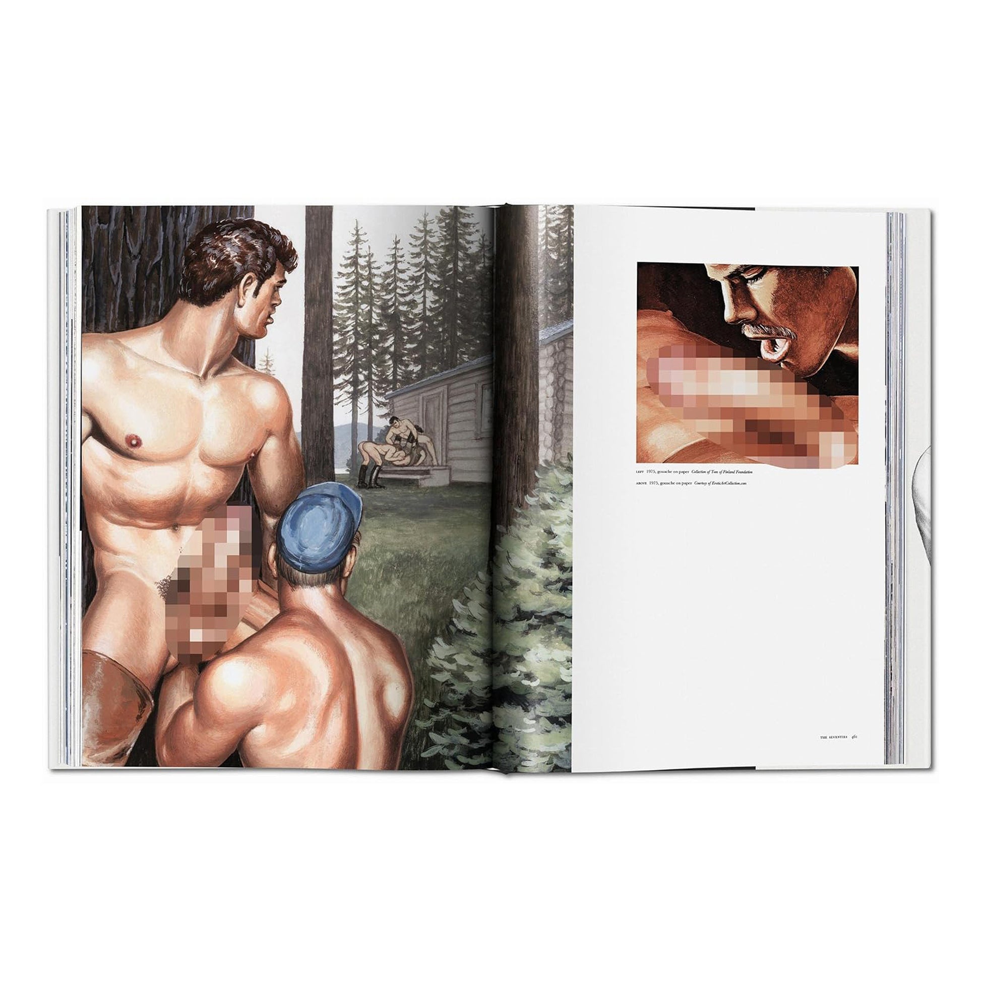 An open page from the Tom of Finland art book, displaying a colour painting of men in a forest setting and a close-up gouache painting.