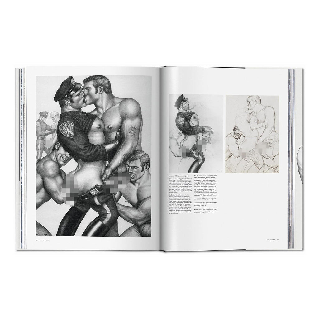 An open page from the Tom of Finland XXL hardcover book, showing a detailed pencil drawing of uniformed police officers in a highly stylised, masculine art style.