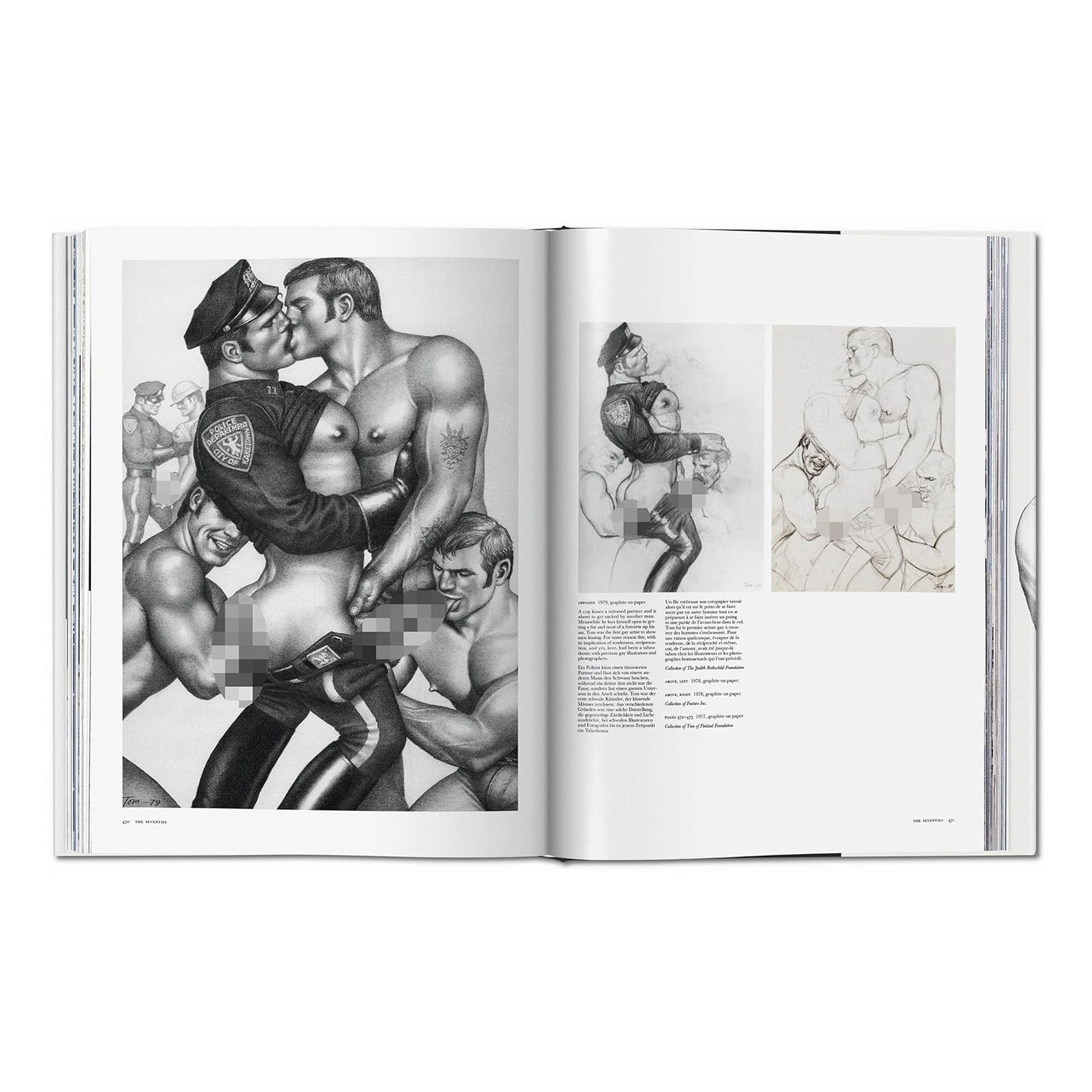 An open page from the Tom of Finland XXL hardcover book, showing a detailed pencil drawing of uniformed police officers in a highly stylised, masculine art style.