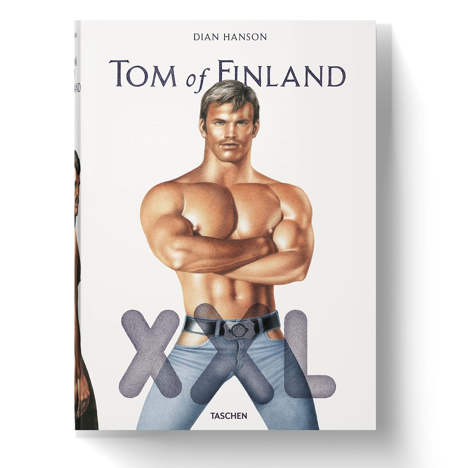 The cover of the "Tom of Finland XXL" hardcover art book published by TASCHEN, featuring a painted portrait of a muscular man with his arms crossed, wearing jeans and a belt.